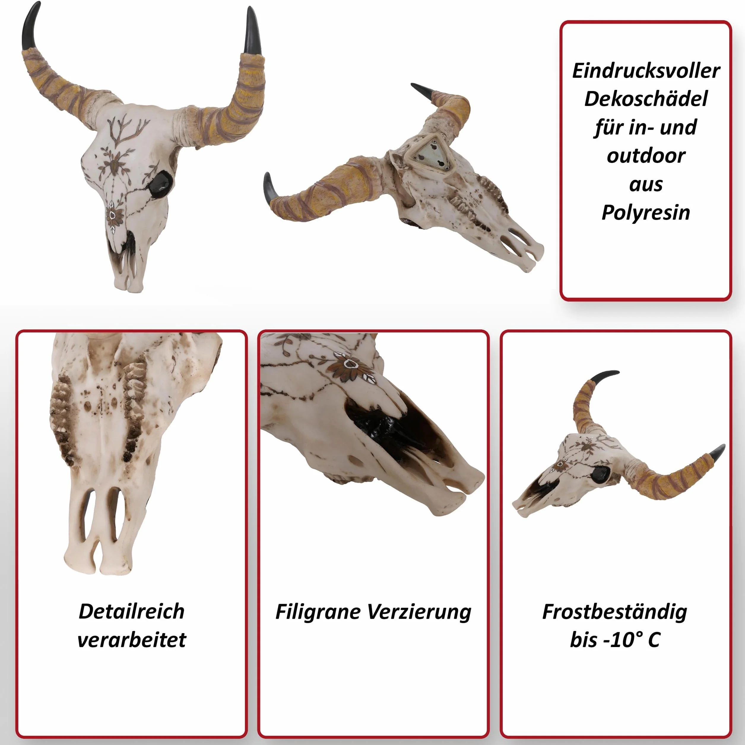 Mendler Dekoracyjna czaszka HWC-Q11, żywica byk byk longhorn trofeum z zdobieniem, do użytku wewnątrz i na zewnątrz, 41 cm