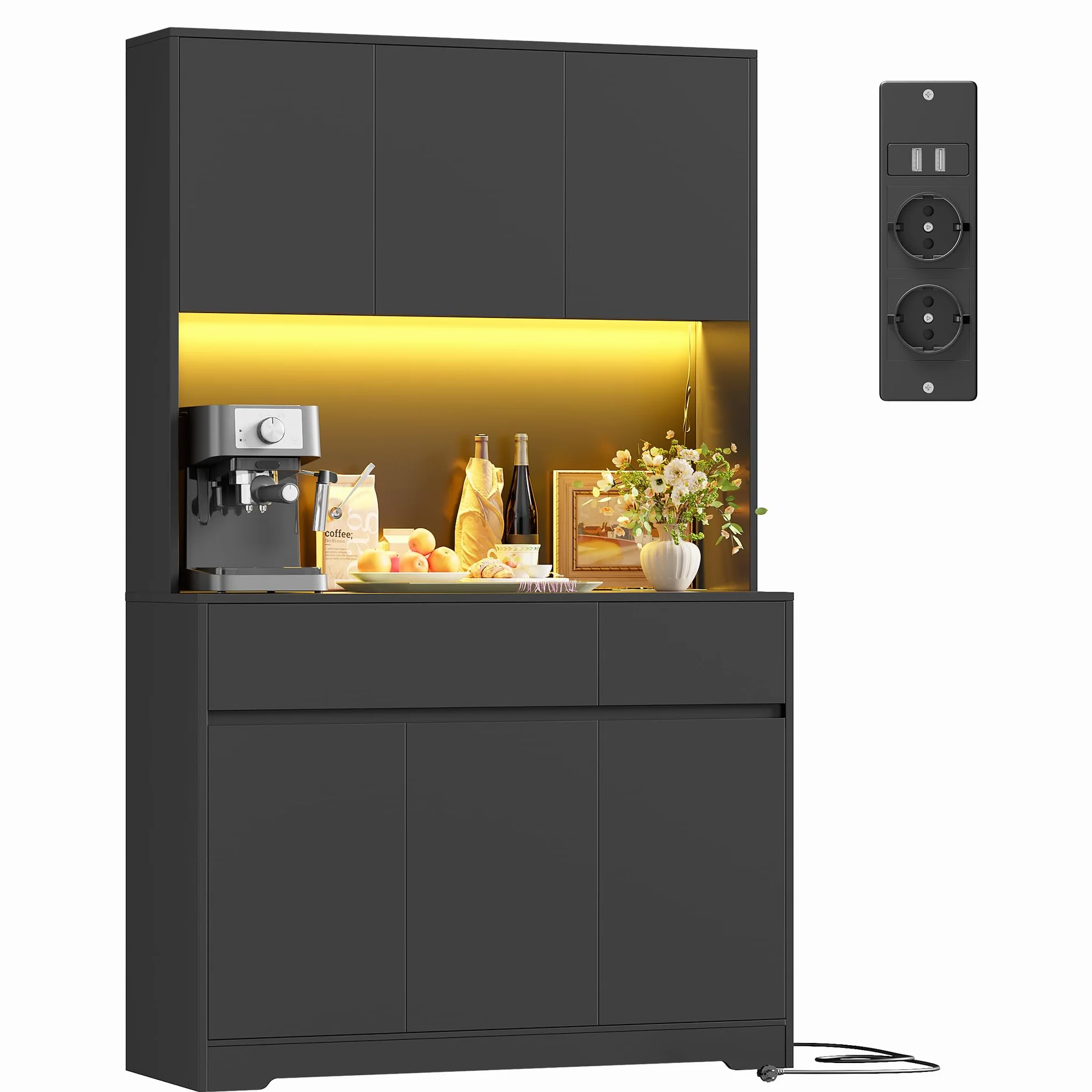 FirFurd Szafka kuchenna o wysokości 180 cm, szafka kuchenna z diodami LED, gniazdko elektryczne, regulowane półki, 2 szuflady, 6 drzwi, duży blat, 180 x 100 x 38,5 cm, czarna