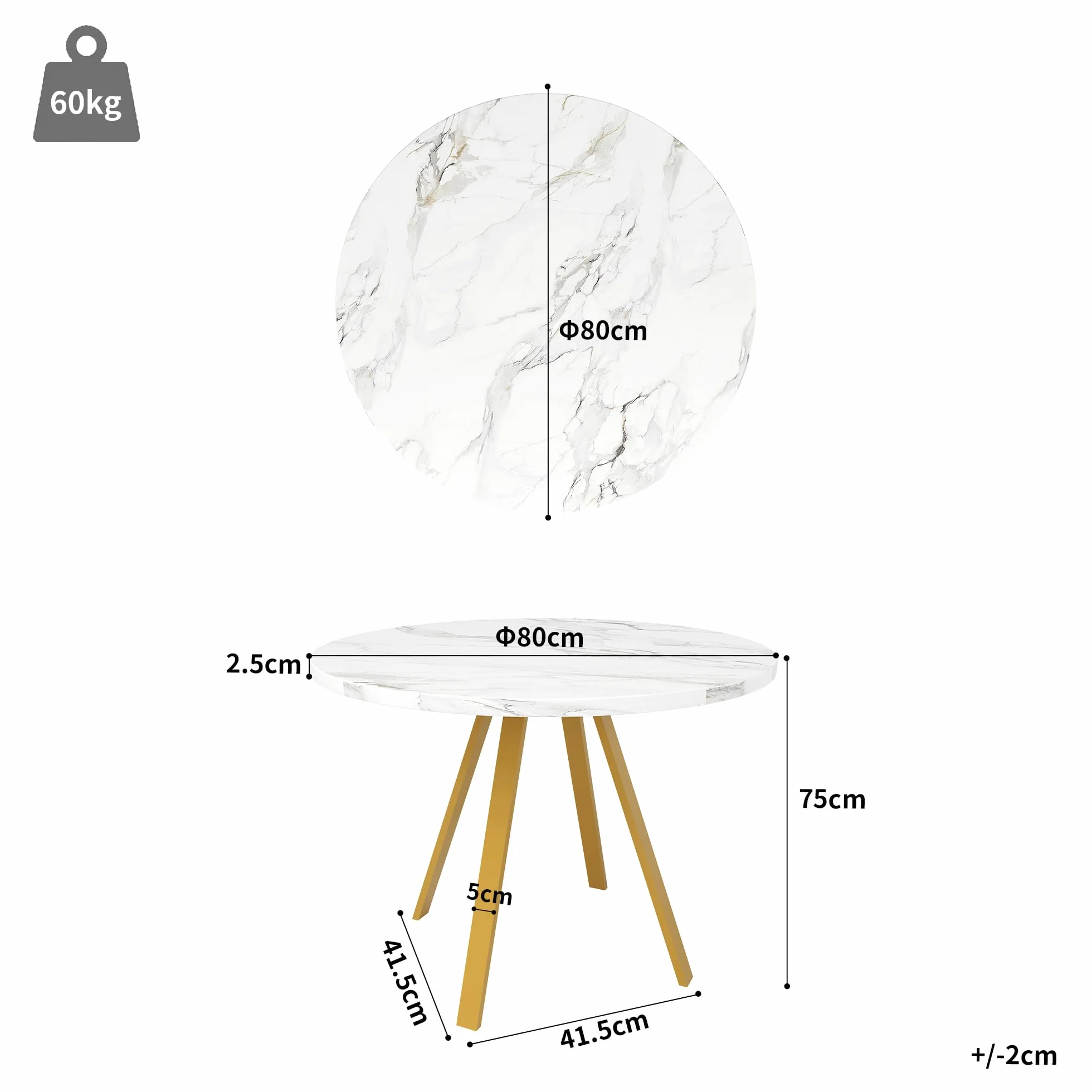 Okrągły stół do jadalni (80 × 80 × 75 cm) - marmurowy wzór biały stół środkowy dla 4 osób, metalowe nogi, idealny do kuchni i salonu, nowoczesne meble domowe