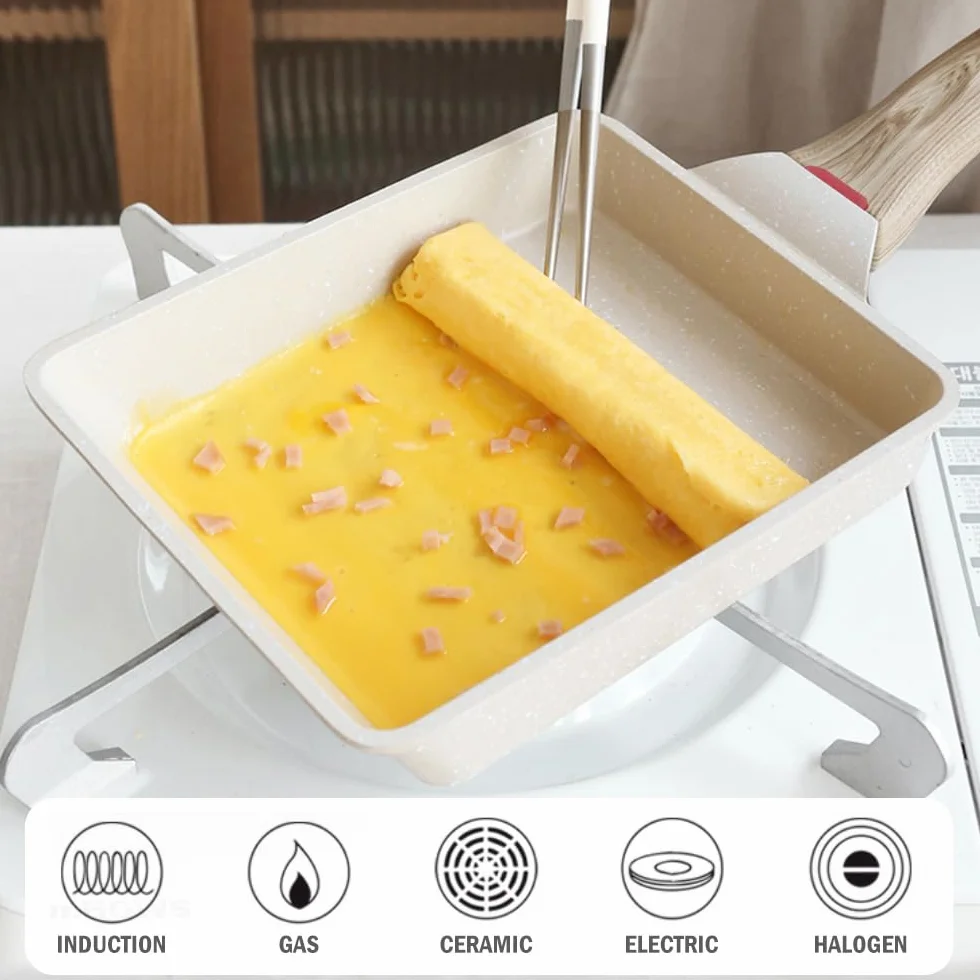 Japońska patelnia do omletów, nieprzywierająca patelnia Tamagoyaki, prostokątna, mała patelnia z silikonową szpatułką - biała