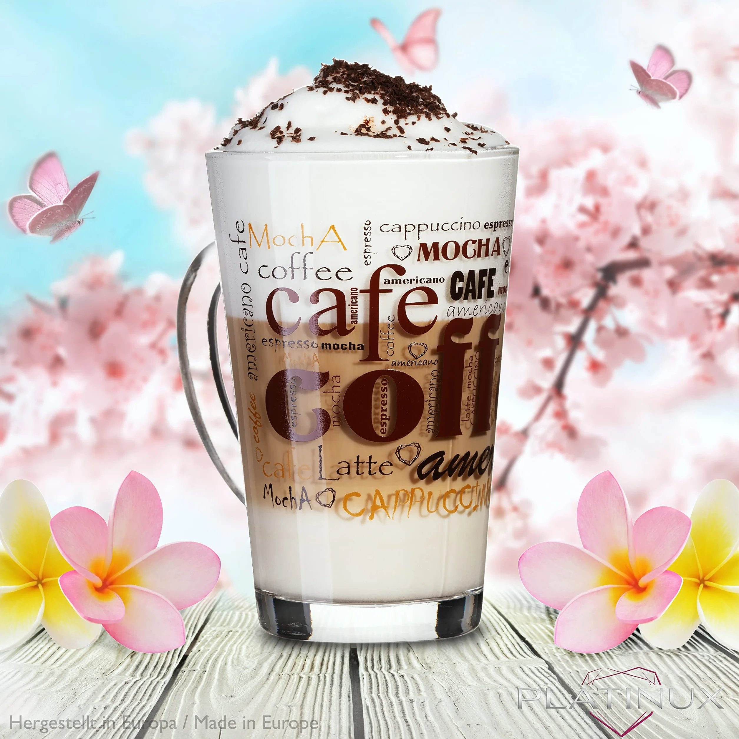 Zestaw szklanek do kawy PLATINUX z motywem max. 350ml, 6-częściowy, ze szkła; szklank do latte macchiato z uchwytem, szklank do cappuccino