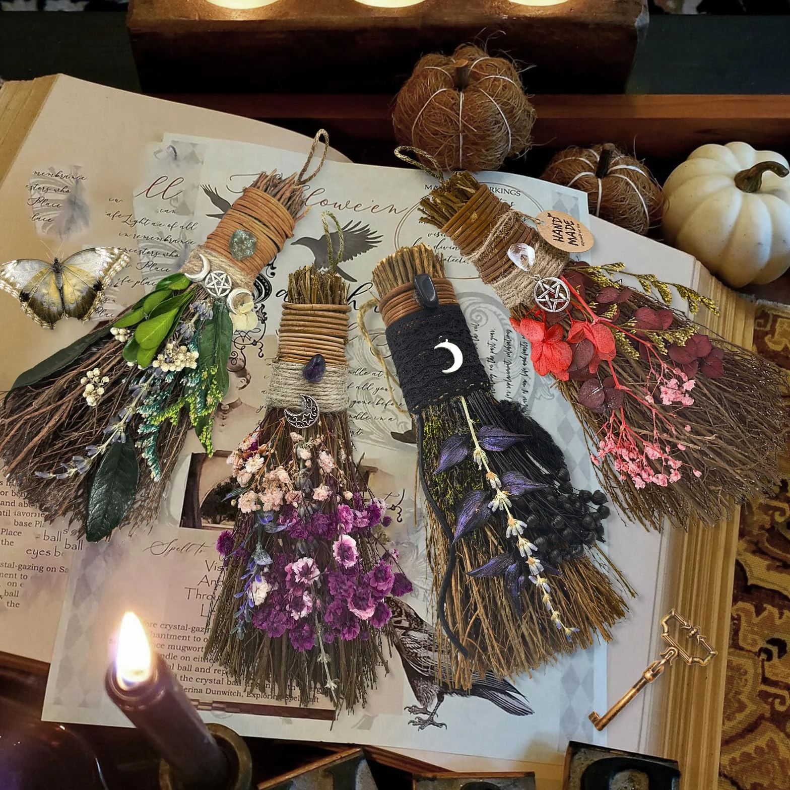 Miotła cynamonowa 19 cm, mini miotła czarownicy Boże Narodzenie, do majsterkowania, dekoracyjna miotła z suszonymi kwiatami, wicca, miotła, czarownica, akcesoria na magiczne ceremonie, Halloween