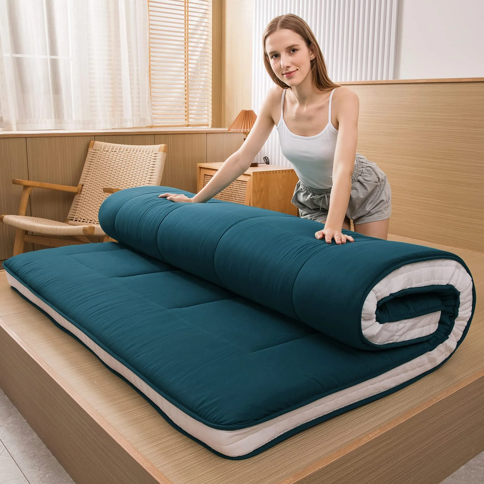 MAXYOYO Futon Materac - Wyściełany Japoński Materac Podłogowy, Pikowany, Bardzo Gruby Składany, Oddychający Leżak, Łóżko dla Gości (Bluestone, Podwójny)