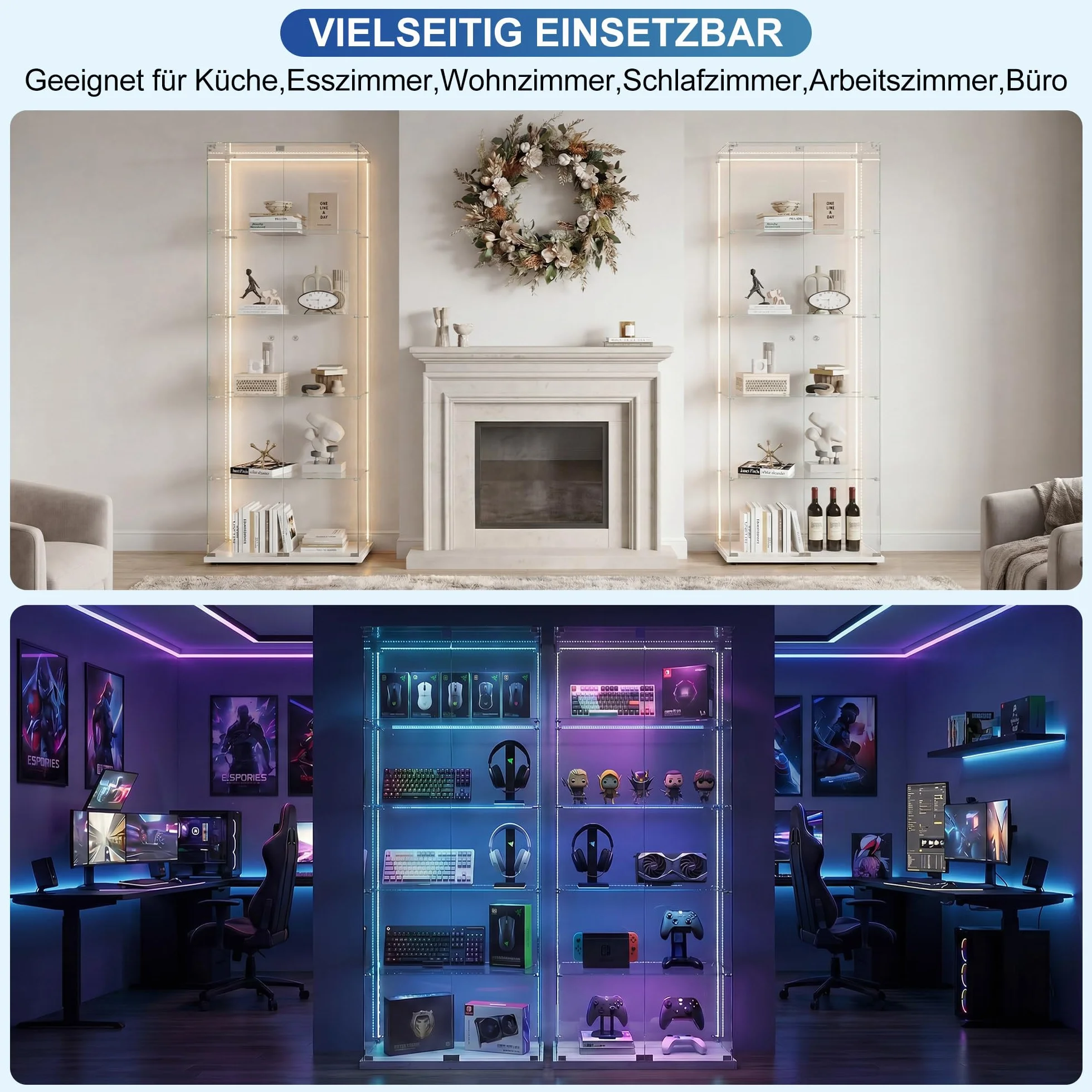 Szklana witryna stojąca, czarna, z oświetleniem LED, 5-poziomowa 186,5 x 34,5 x 78,5 cm, bezramowa, pełna widoczność, szklane półki z regulacją wysokości, szafka z witryną do salonu, biura,biały B