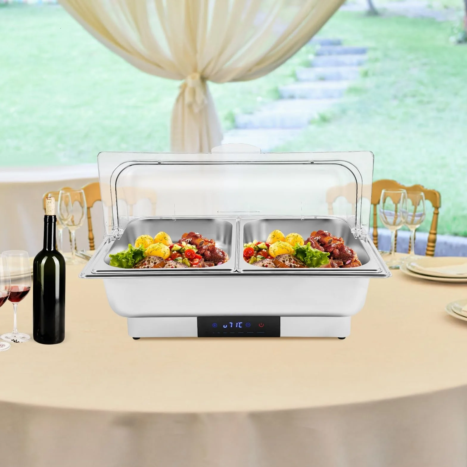 Elektryczny podgrzewacz do potraw Chafing Dish podgrzewacz do potraw na bufet ze stali nierdzewnej 9L 15L pojemnik na żywność z regulacją temperatury na imprezy, catering (2 przegród)
