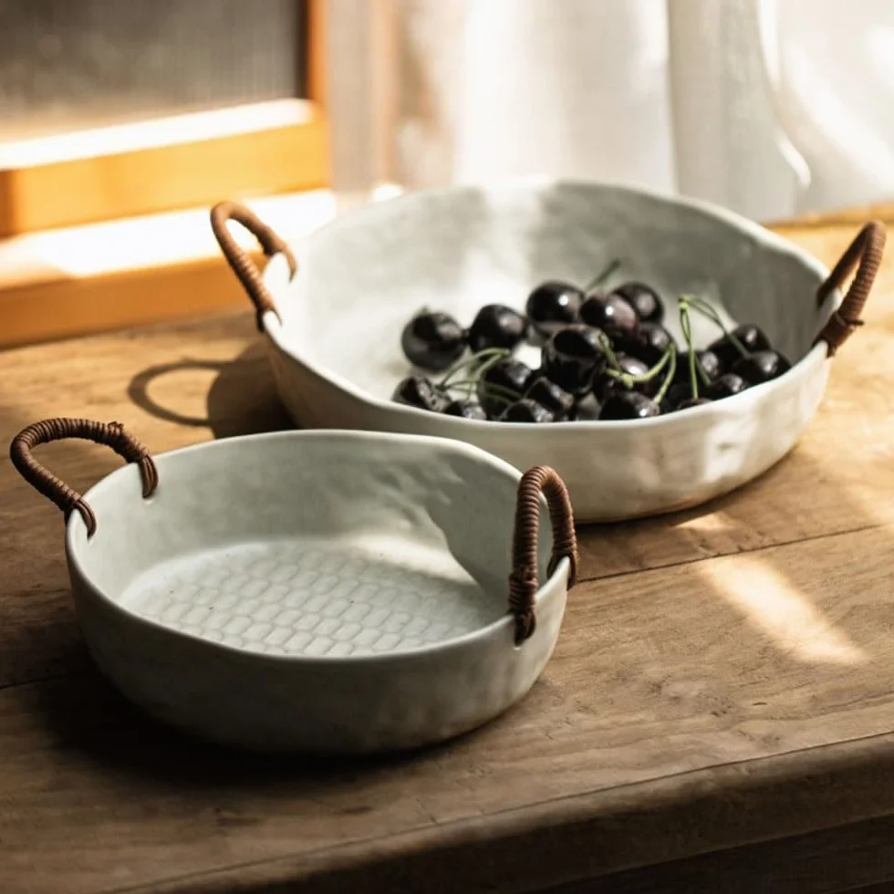 Kosz owoców Ceramiczna miska na owoce z uchwytami rattanu, o strukturze plastra miodu, dekoracyjna do serwowania w kuchni i jadalni Stojak na warzywa w koszyku owoców(Biały,Duży)