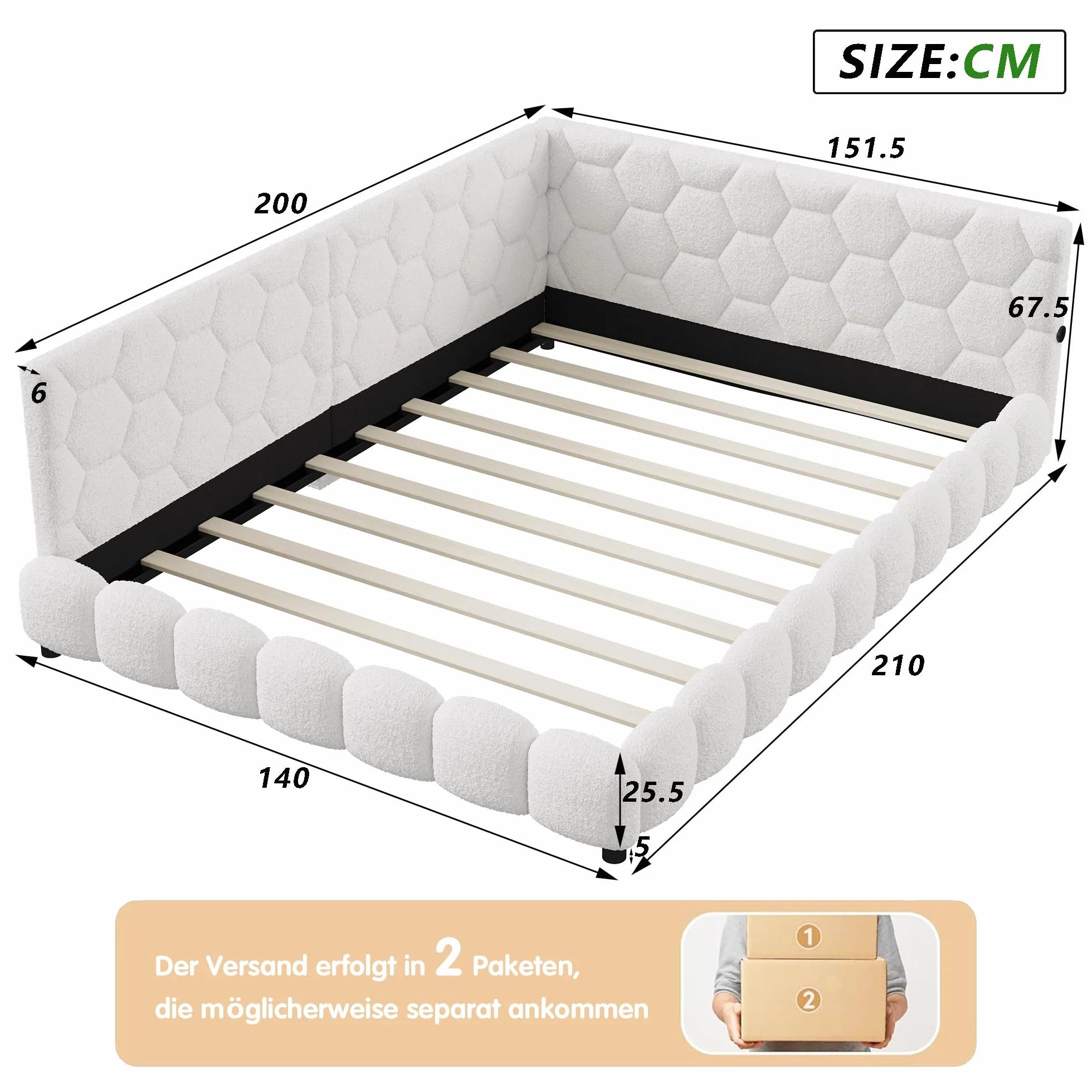 Łóżko tapicerowane z funkcją spania 140 x 200 cm z oświetleniem LED, łóżko dzienne ze stacją ładującą USB & Type-C, łóżko młodzieżowe w kształcie litery L, stelaż łóżka, bez materaca