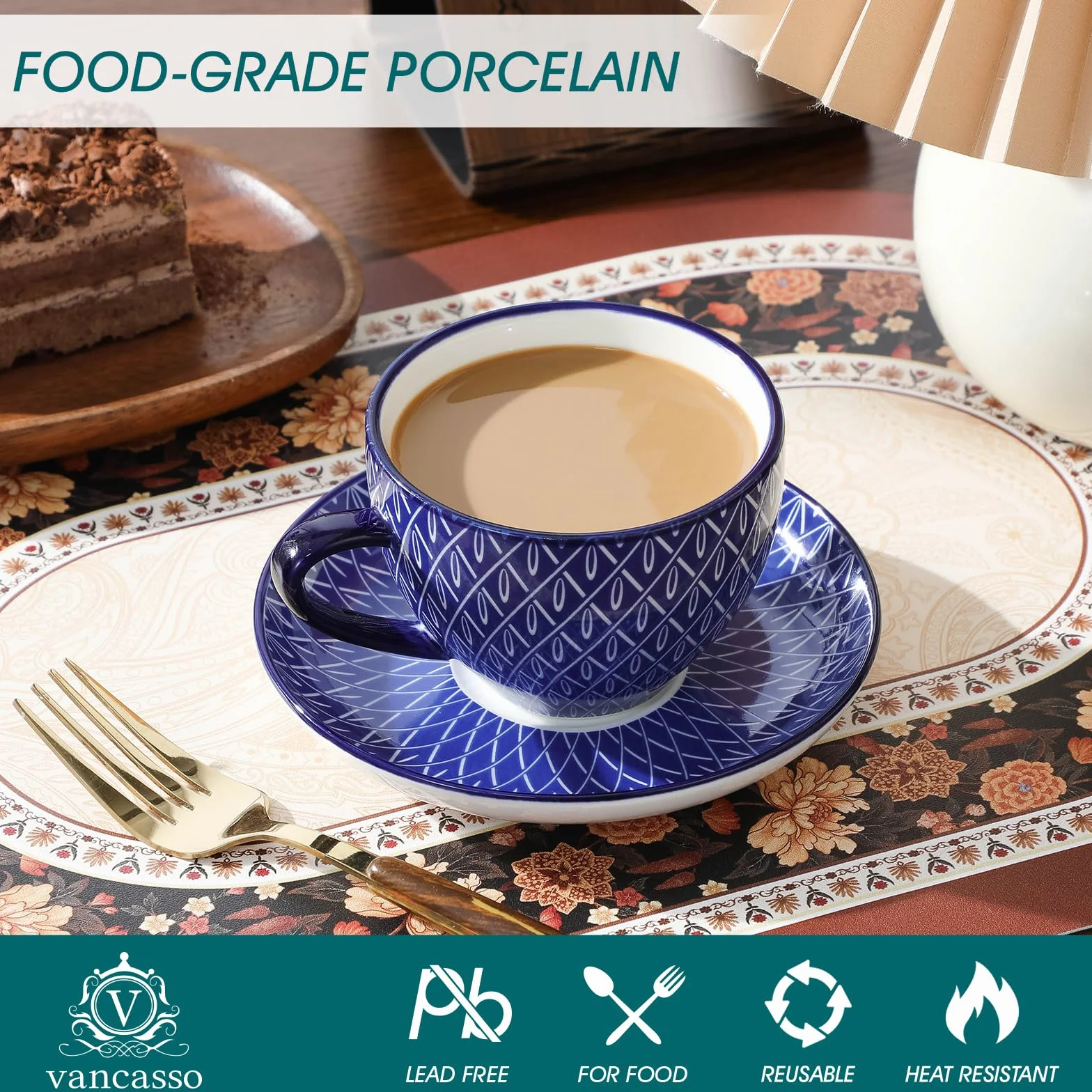 vancasso Selene Zestaw filiżanek i spódniczek, 240 ml, porcelanowy mały zestaw do kawy espresso dla 6 osób, styl vintage, niebiesko-biały, ceramiczne