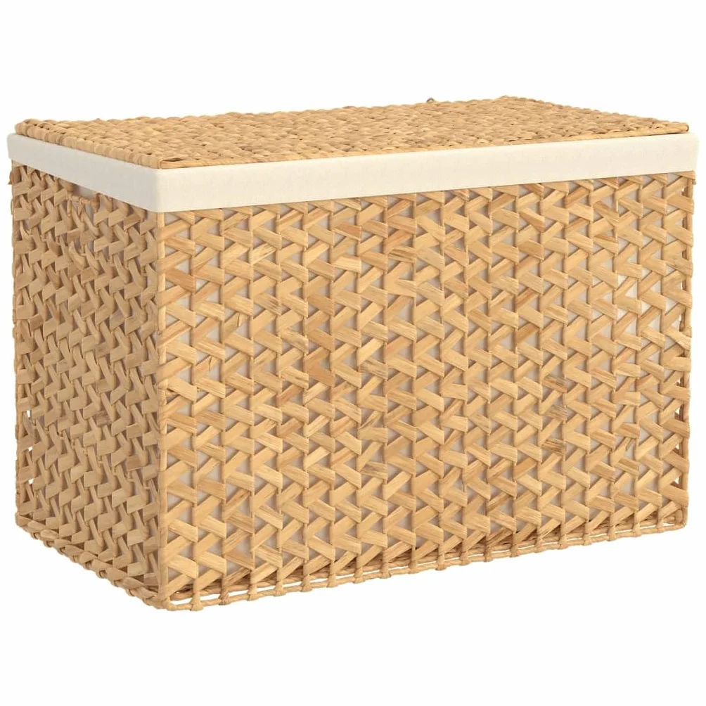 Składany 3-częściowy kosz na pranie 75 x 42,5 x 52 cm z hiacyntu wodnego z pokrywą i bocznym uchwytem, wytrzymała metalowa rama, rustykalny design do łazienki.