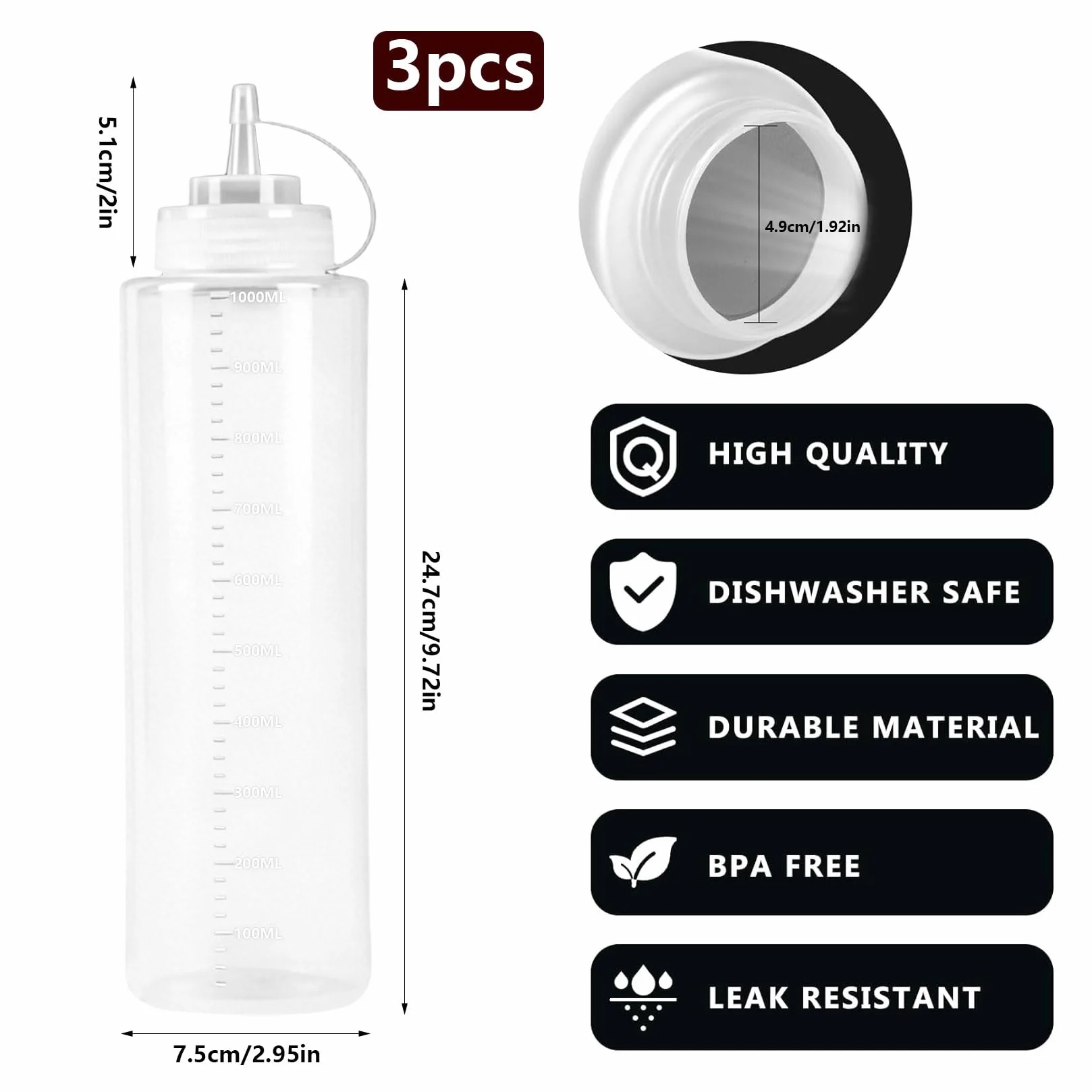 Zestaw 3 butelek wyciskanych, butelka wyciskana plastikowa 1000 ml, butelka wyciskana 1000 ml, butelki wyciskane, duża butelka na sos z nakrętkami, butelki na sos, dozownik sosu do sosów, olej