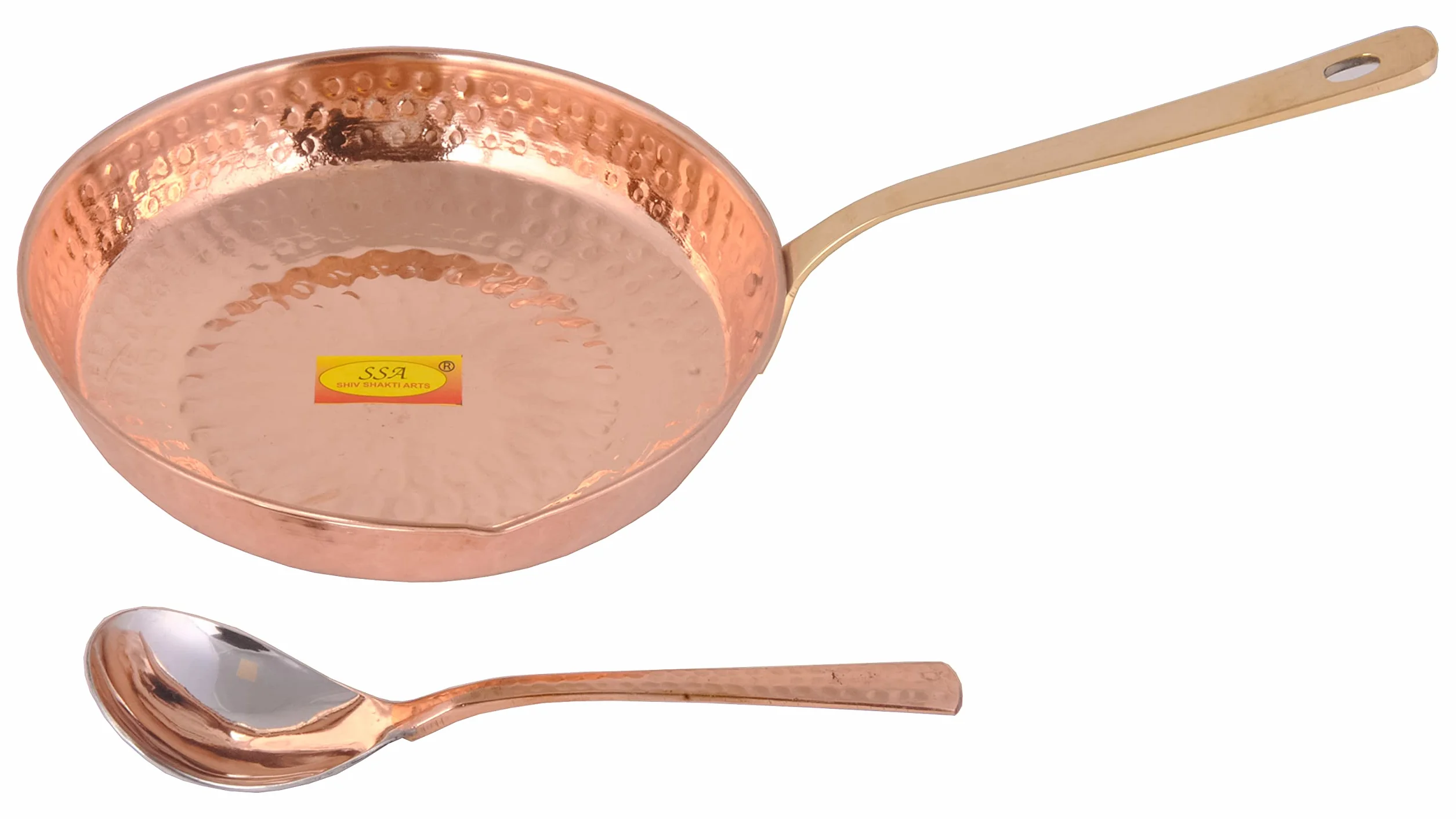 SHIV SHAKTI ARTS Miedziana patelnia Tadka patelnia z łyżką do serwowania, 850 ml, do smażenia, gotowania, serwowania naczyń, domu, hotelu, restauracji, kuchni, Diwali, prezent, 2 sztuki