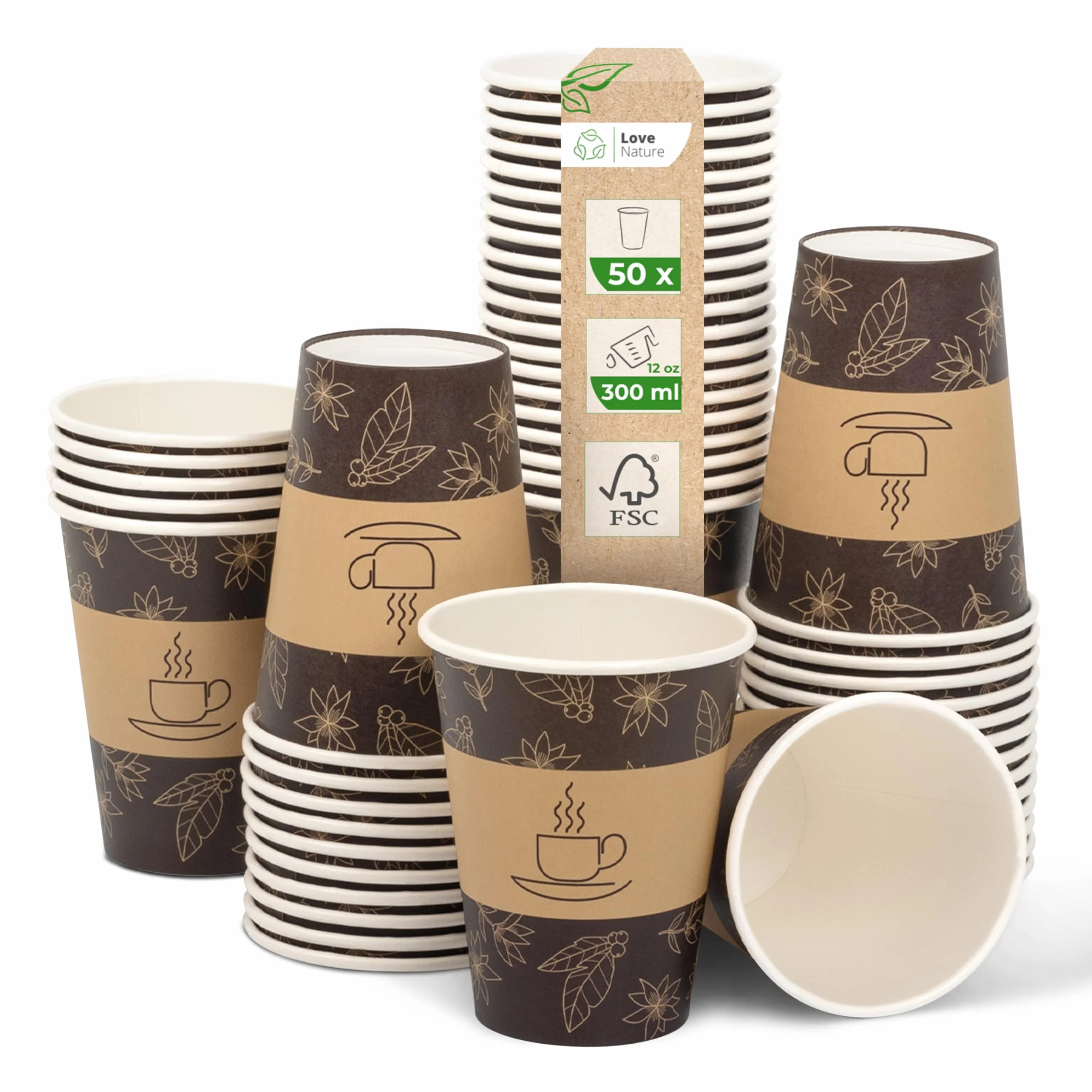Love Nature Kubki papierowe 300ml 50 sztuk - Kubki jednorazowe - Kubek do kawy na wynos - Bez plastiku