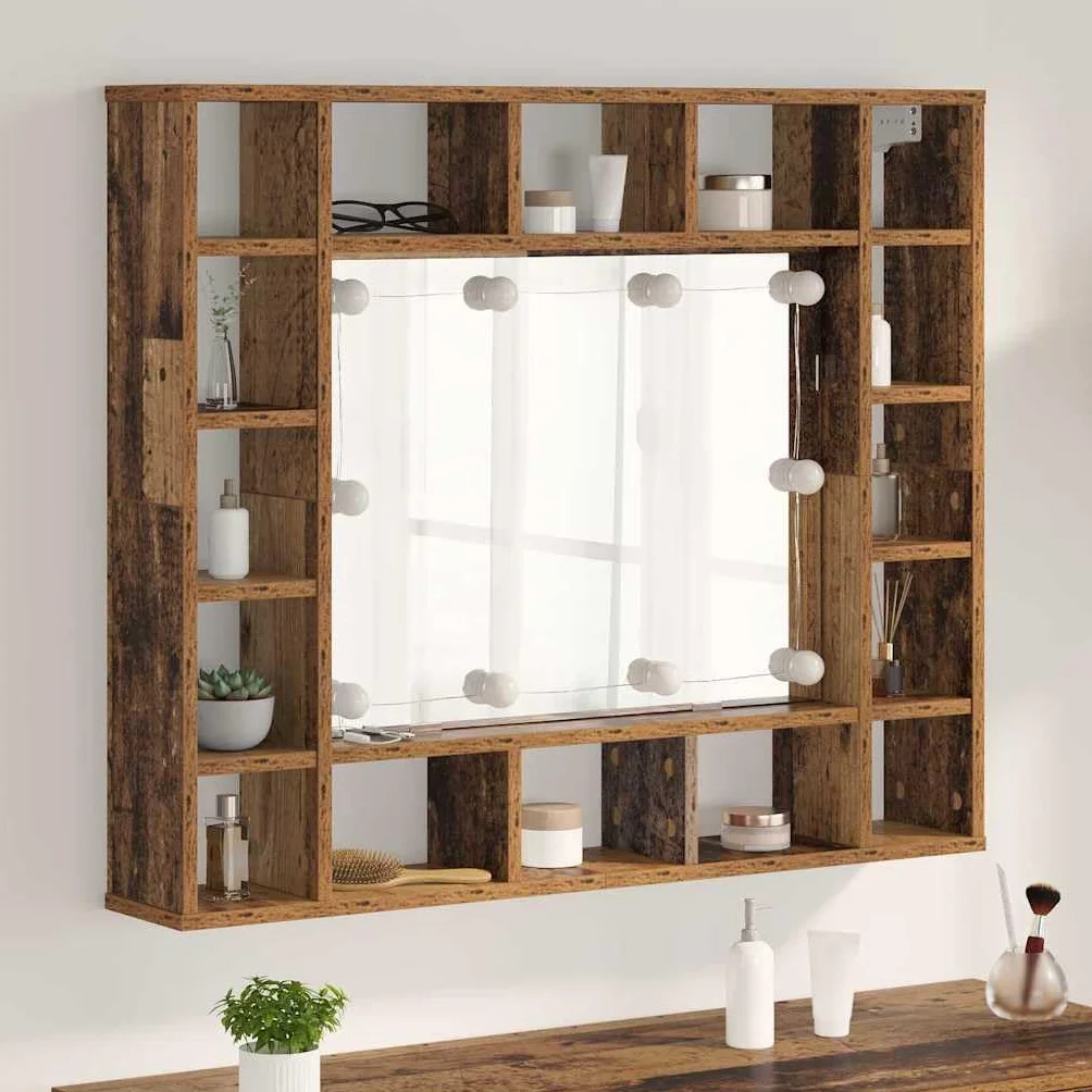 Szafka z lustrem stare drewno, 91 x 15 x 76,5 cm, materiał drewnopochodny ze zintegrowanym oświetleniem LED, miejsce do przechowywania, montowana na ścianie, do łazienki, korytarza, nowoczesne