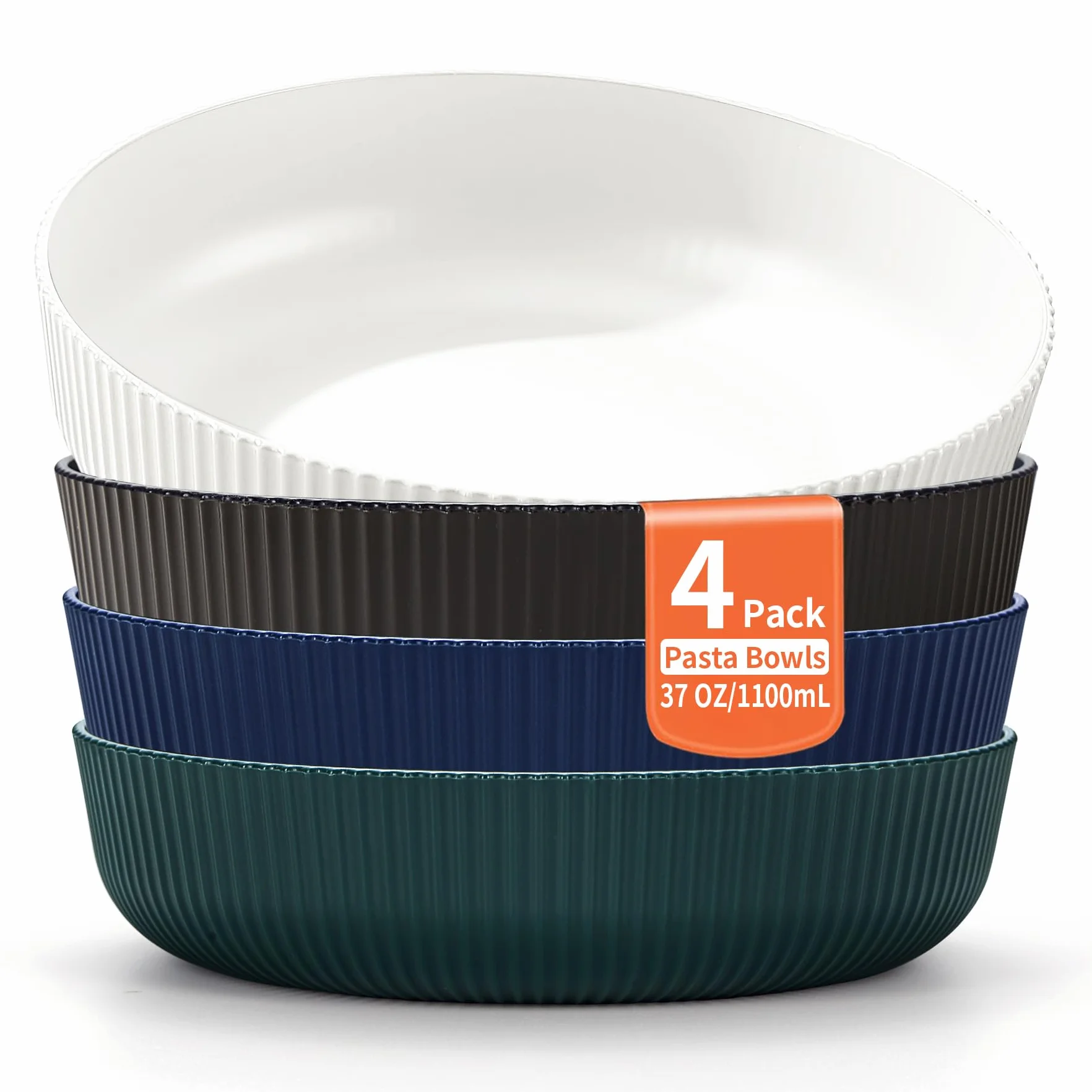 Berglander Zestaw misk do makaronu 4 sztuki, wielokrotnego użytku 37oz, niemalejące duże plastikowe miski do zupy/sałat/owoców/serwowania, do domu, restauracji, na zewnątrz, piknika, kempingu