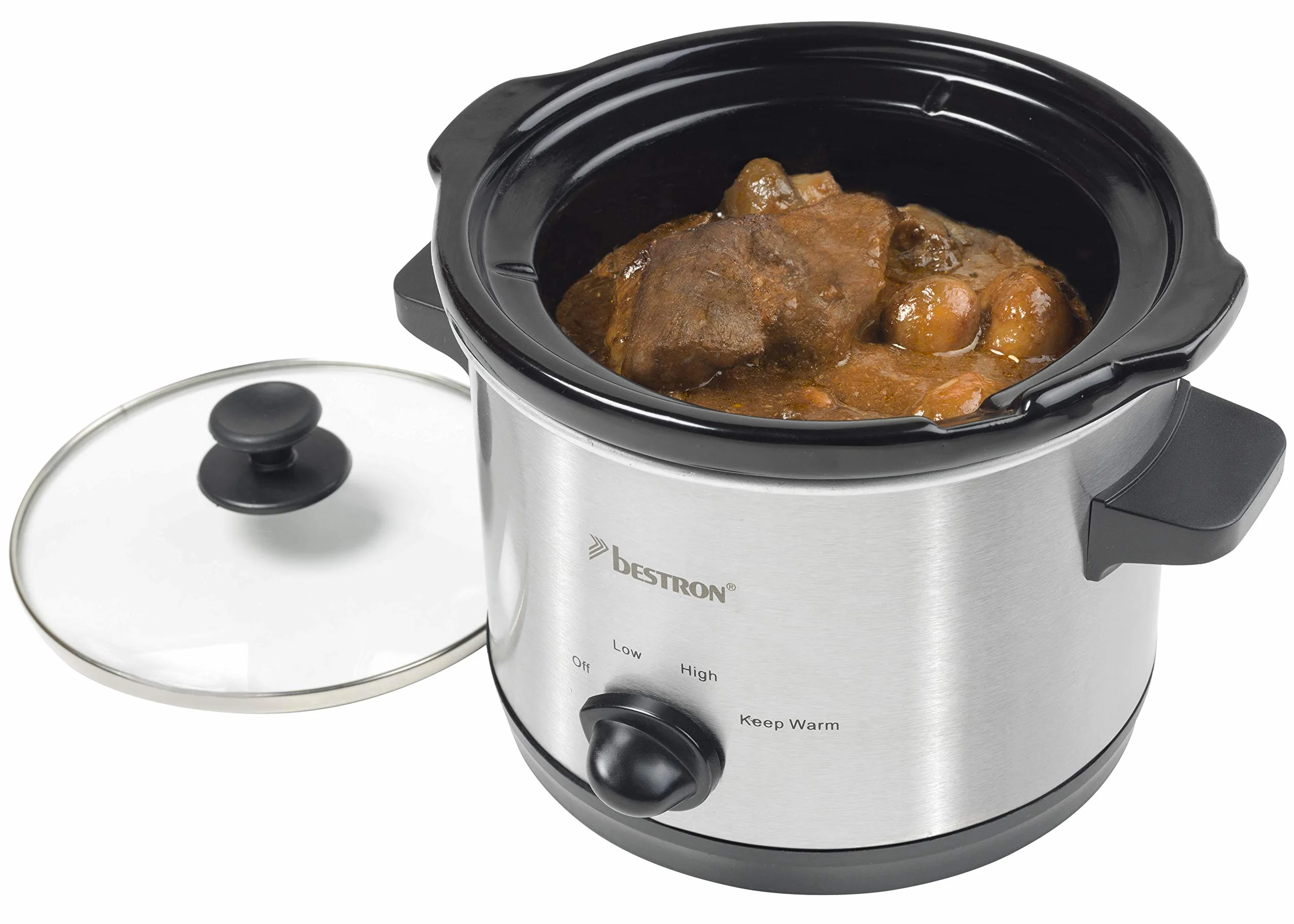 Bestron Slowcooker 1,5 L dla 2 osób, wolnowar z ceramiczną patelnią i szklaną pokrywką, 3-stopniowy termostat, srebrny