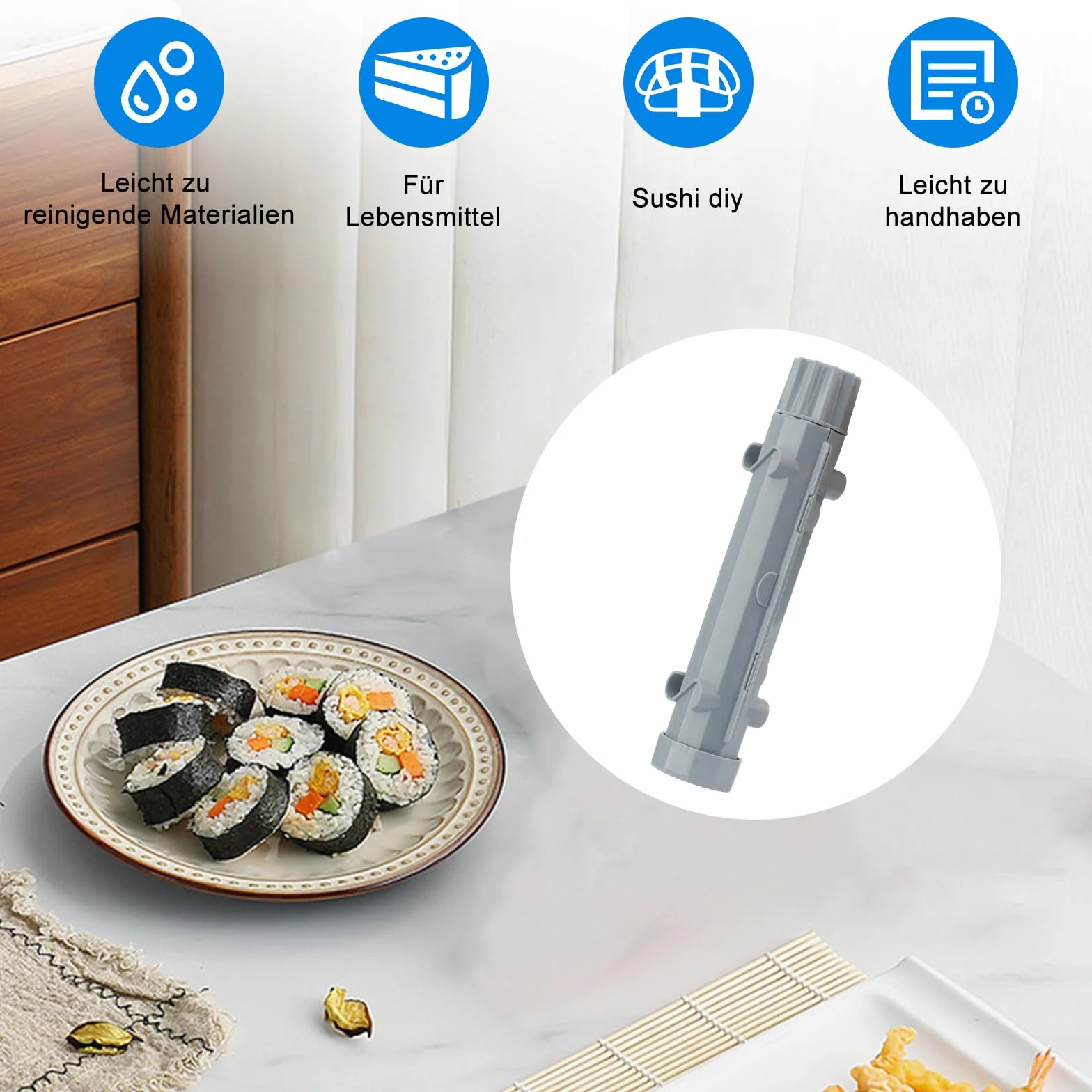 Zestaw do sushi z matą bambusową, forma, 2 szt., szare