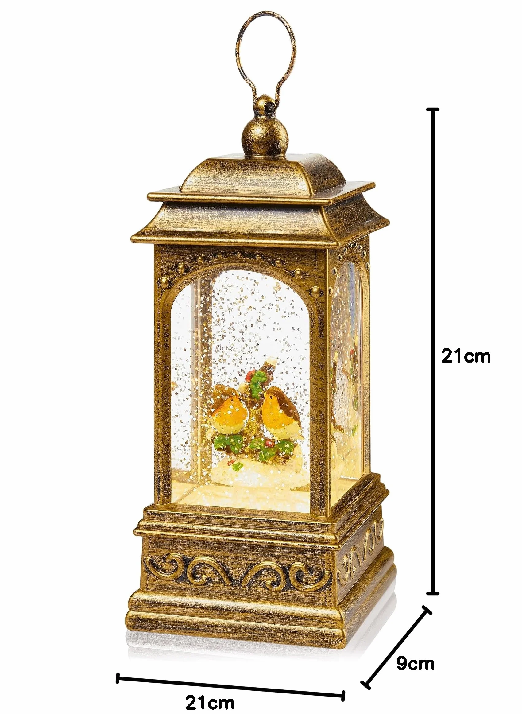 Premier Świąteczne zimowe rudziki LED metalowa latarnia wodna z brokatem śniegiem 21 cm wysokości