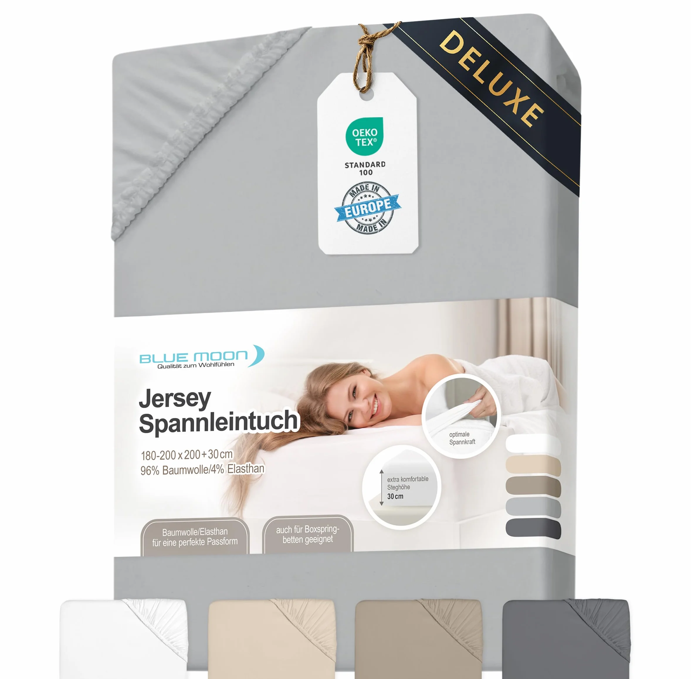 BLUE MOON Luksusowe prześcieradło z gumką – 180-200 x 200 cm – dżersej – 96% bawełna/4% elastan – 190 g/m² – wysokość materaca 30 cm – gumowane dookoła – nadaje się do boxspring– Öko-Tex – Made in