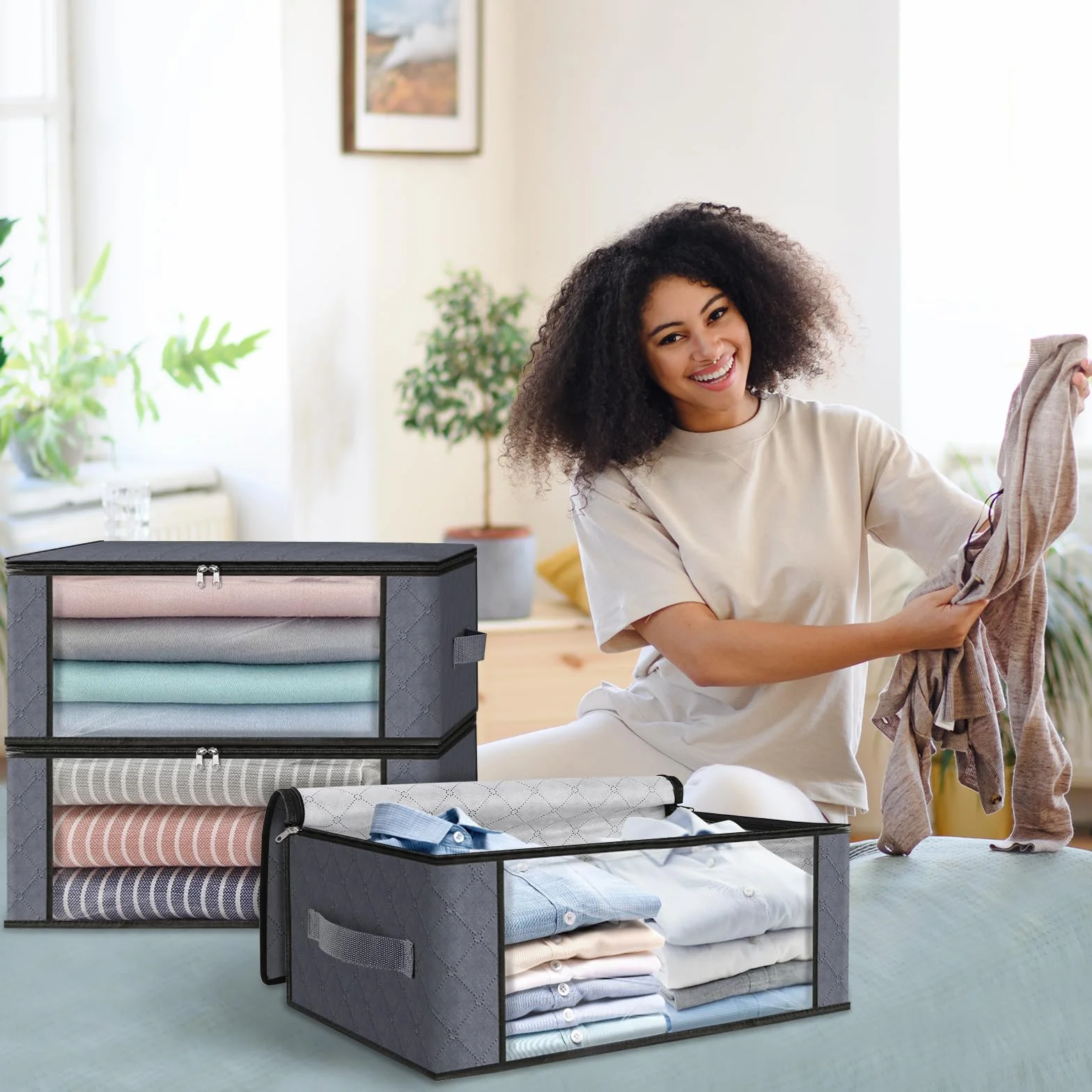 HomeHacks 6-pak organizer na ubrania, składane pudełko do przechowywania, z dużym, przezroczystym oknem, solidne uchwyty do szafy, akademika, poduszek, pościeli, ubrań, wypchanych zabawek, koców, szary