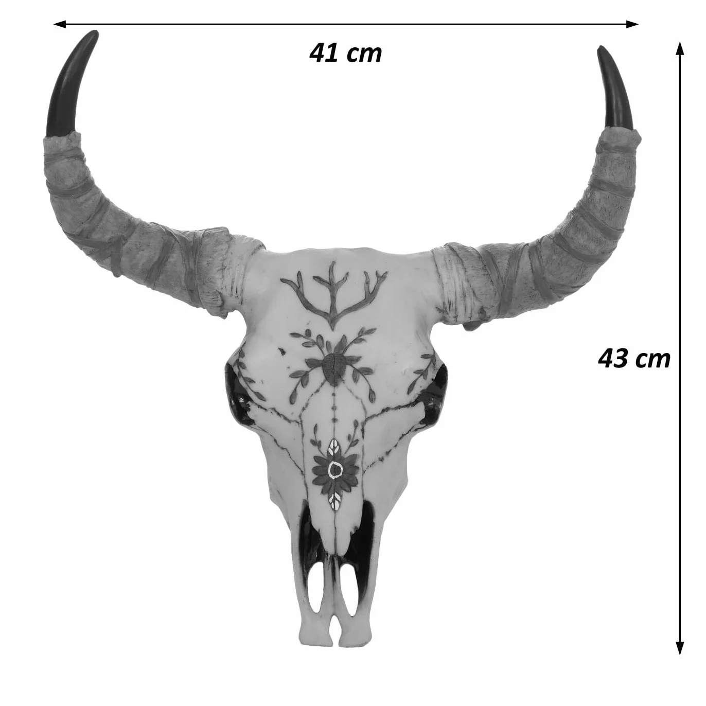 Mendler Dekoracyjna czaszka HWC-Q11, żywica byk byk longhorn trofeum z zdobieniem, do użytku wewnątrz i na zewnątrz, 41 cm