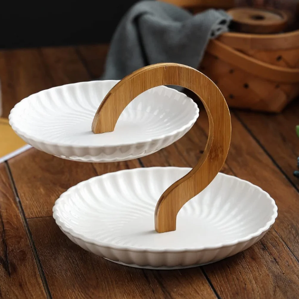 Miska na Owoce, Dekoracja Stołu Zestaw miski owocowej z naturalnym bambusowym stojakiem, ceramiczny koszyk owocowy serwujący taca zestaw do owoców, przystawka deserowy, ciasto, cukierki Kosz na Warzyw