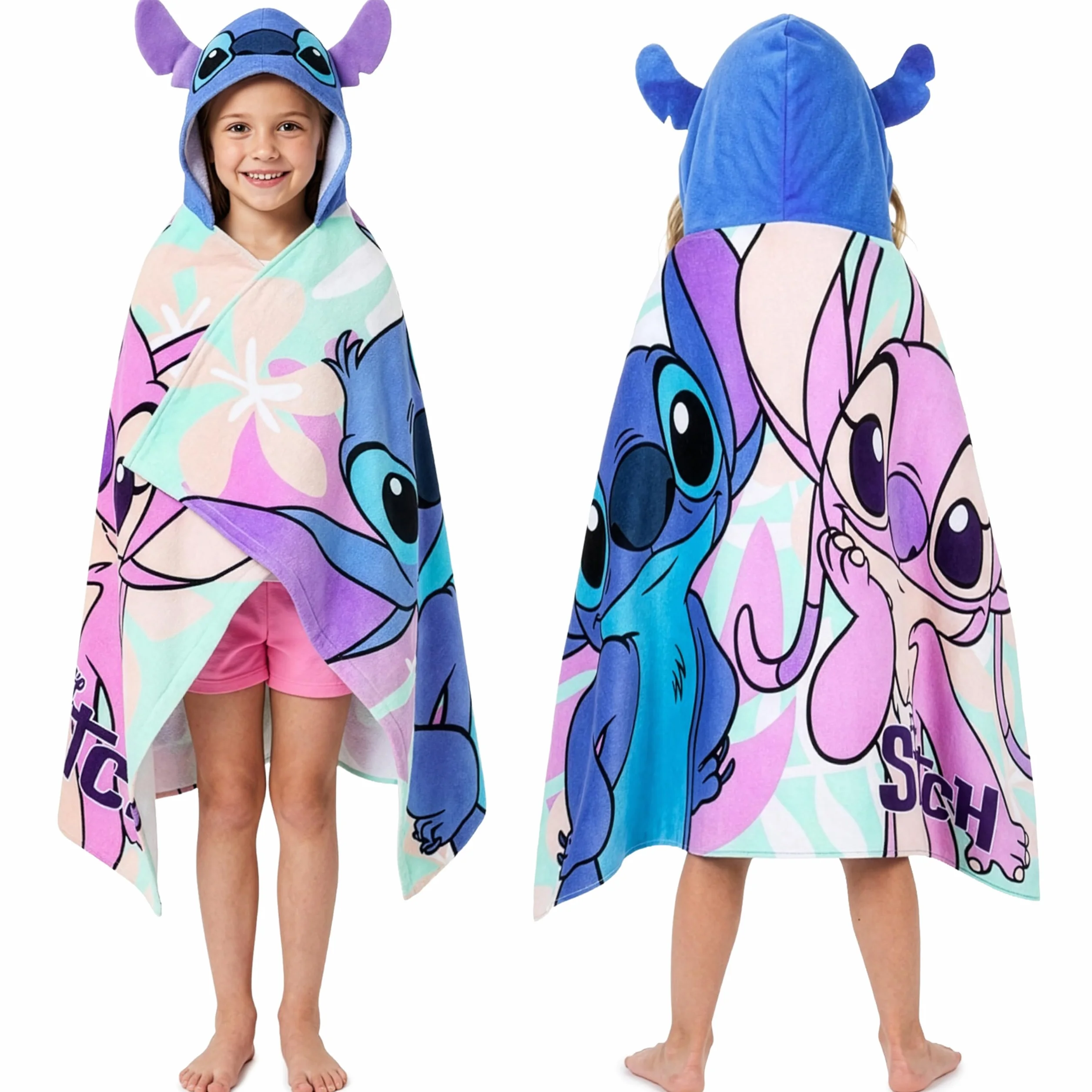 Disney Ścieg ręcznik z kapturem dla dzieci, chłonny ręcznik kąpielowy z kapturem, na basen, na plażę, wakacje, niezbędnik (niebieski/wielokolorowy, 6-14 lat)