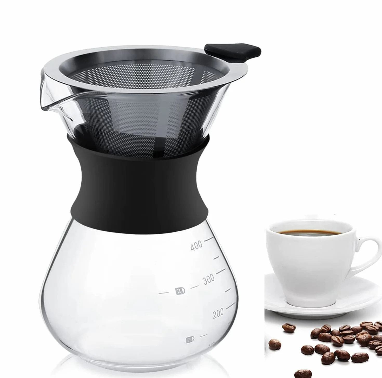 Ekspres do kawy „Pour Over” ze stałym filtrem ze stali nierdzewnej i karafką. Ekspres do kawy, dzbanek szklany, przezroczysty, 400ml