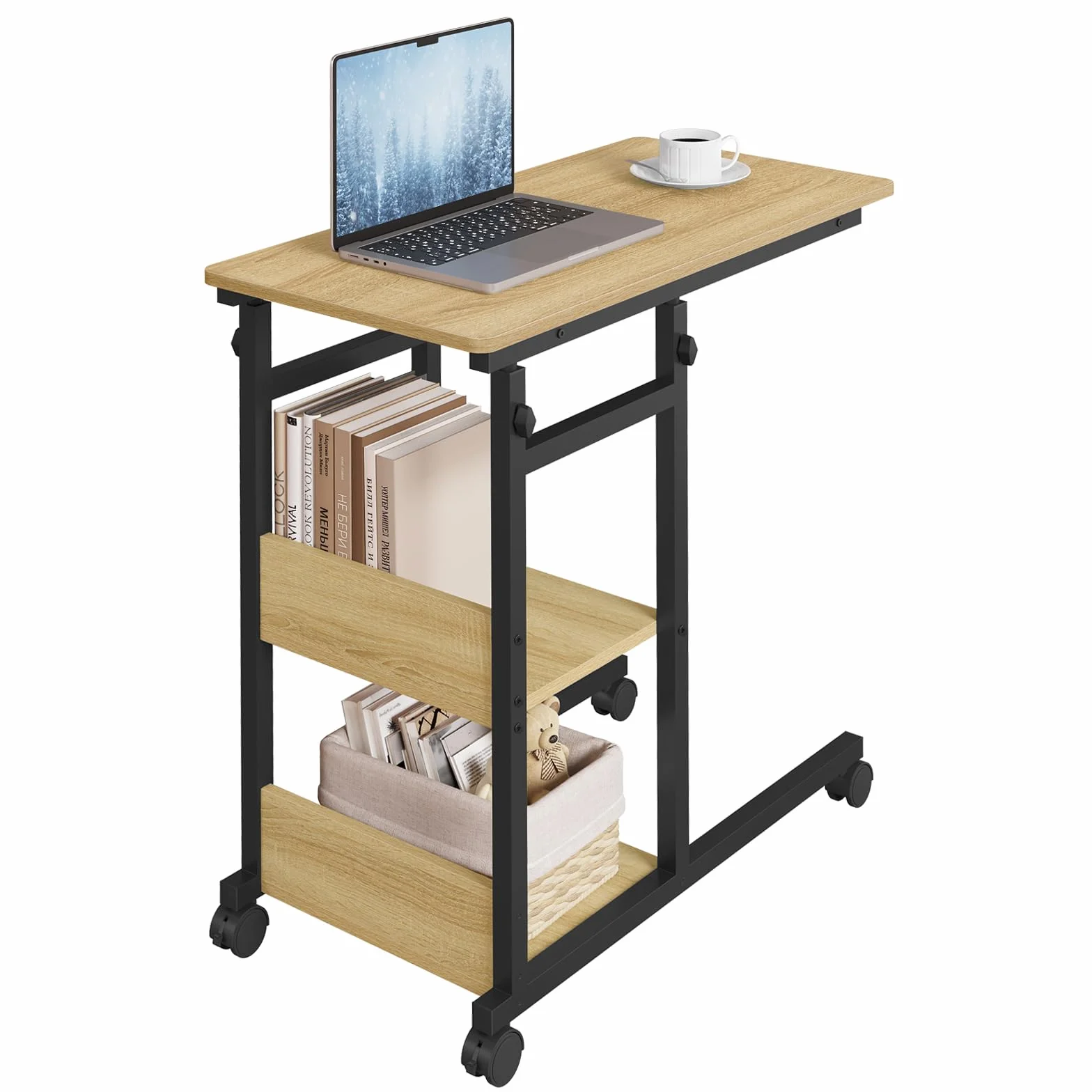WOLTU stolik pomocniczy, stolik do salonu, stolik pod laptopa, w kształcie litery C, z kółkami, wykonany z metalu, materiał drewnopochodny, jasny dąb + czarny