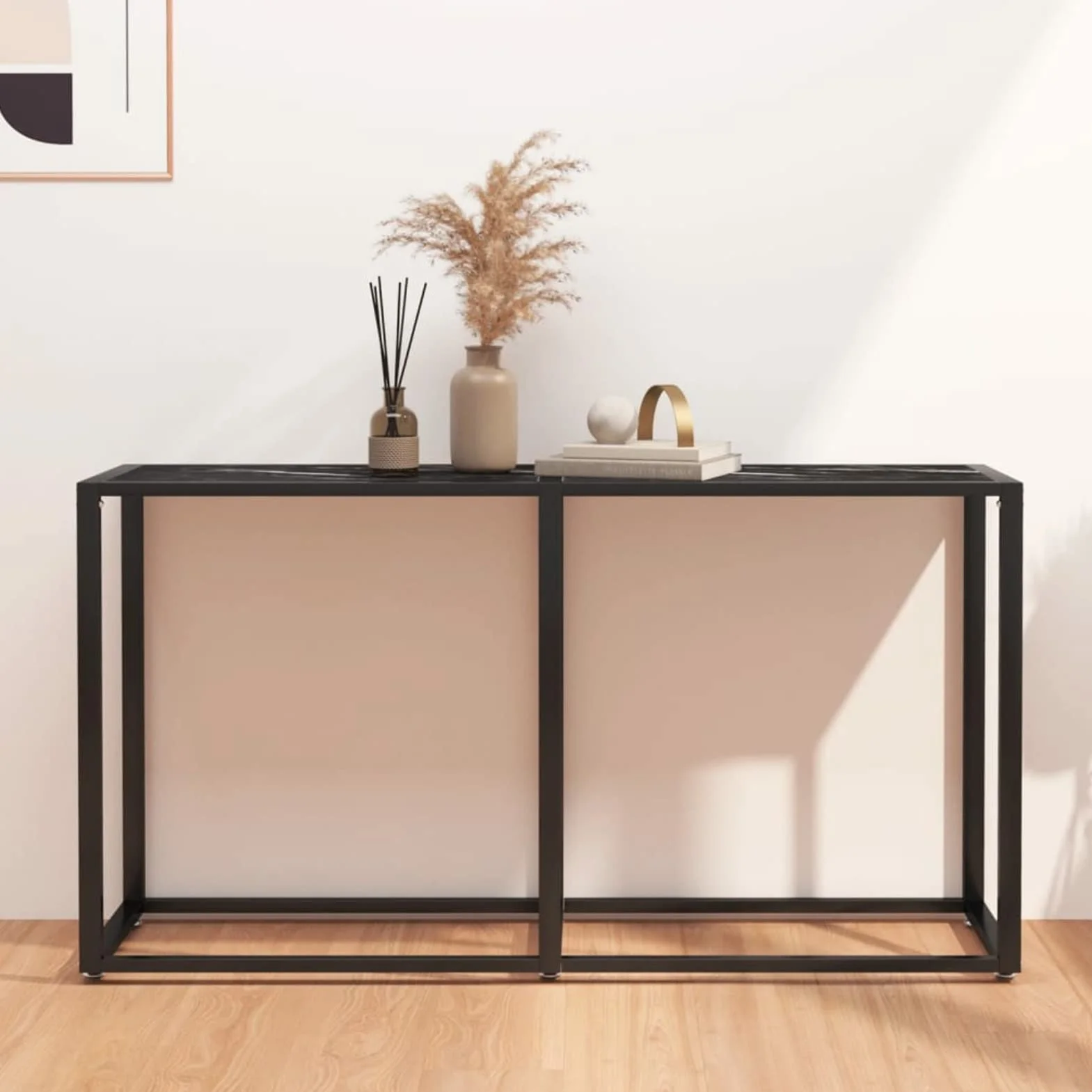 Stół konsolowy czarny marmur 140 x 35 x 75,5 cm szkło hartowane, stolik konsolowy do przedpokoju, wąski stół wejściowy z szufladą i półkami do przechowywania, stolik do sofy do małych