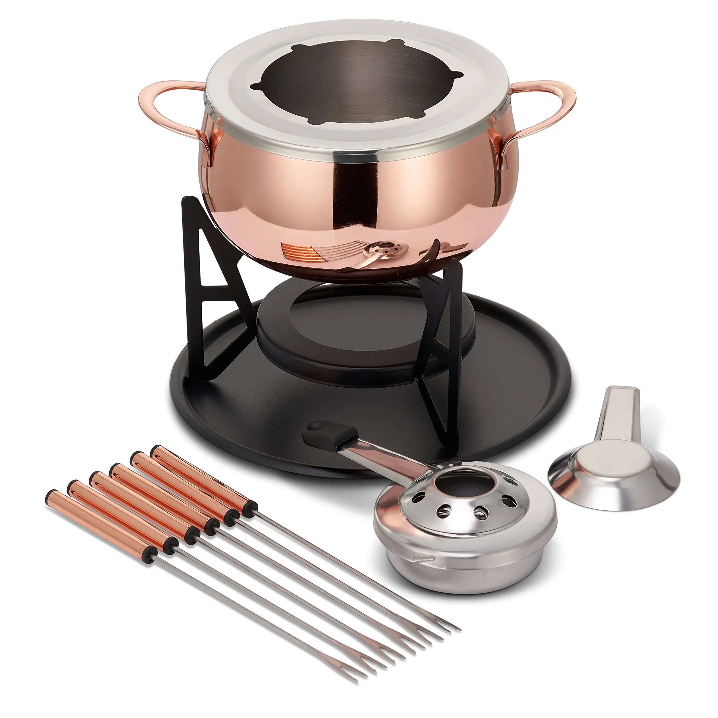 Dąb & Steel - 10 sztuk zestaw do fondue ze stali nierdzewnej, różowe złoto/miedź z pudełkiem prezentowym - czekoladki, Burgundia, ser, Savoyarda i mięso - prezent świąteczny