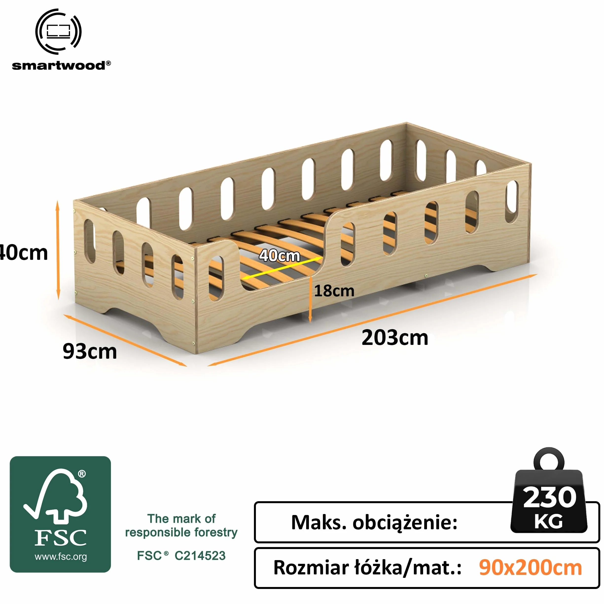 smartwood Łóżko Dziecięce 90x200 Drewniane z Barierką i Stelażem - TILA 2L - Naturalne Łóżko Podłogowe Jednoosobowe Dla Chłopaka i Dziewczynki - Łatwy Montaż oraz Udźwig do 230 kg
