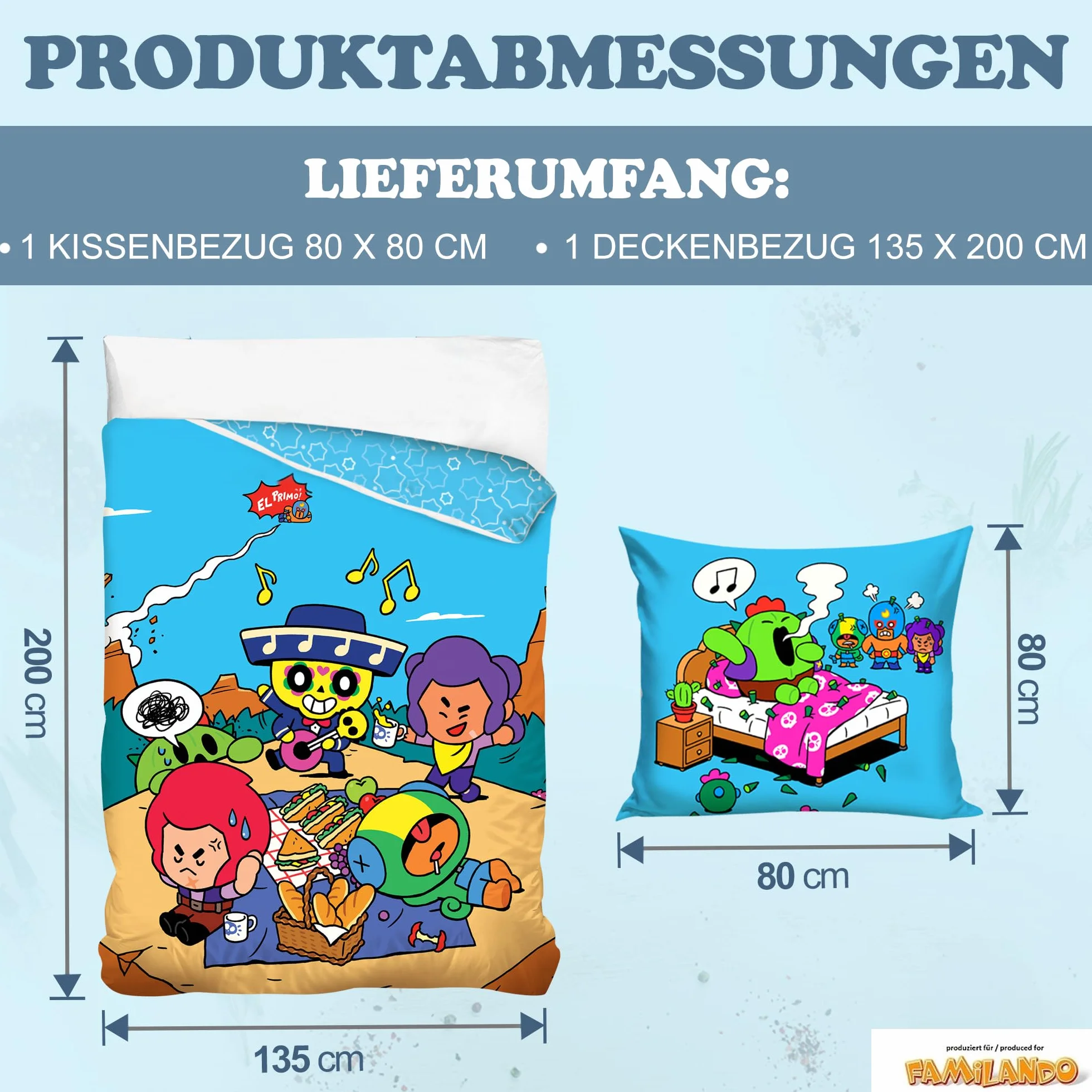 Familando Brawl Stars 2-częściowy komplet pościeli 135 x 200 80 x 80 cm – zestaw dla chłopców w jakości renforcé, 100% bawełny z zamkiem błyskawicznym – trwały kolor, można prać w pralce, Öko-Tex