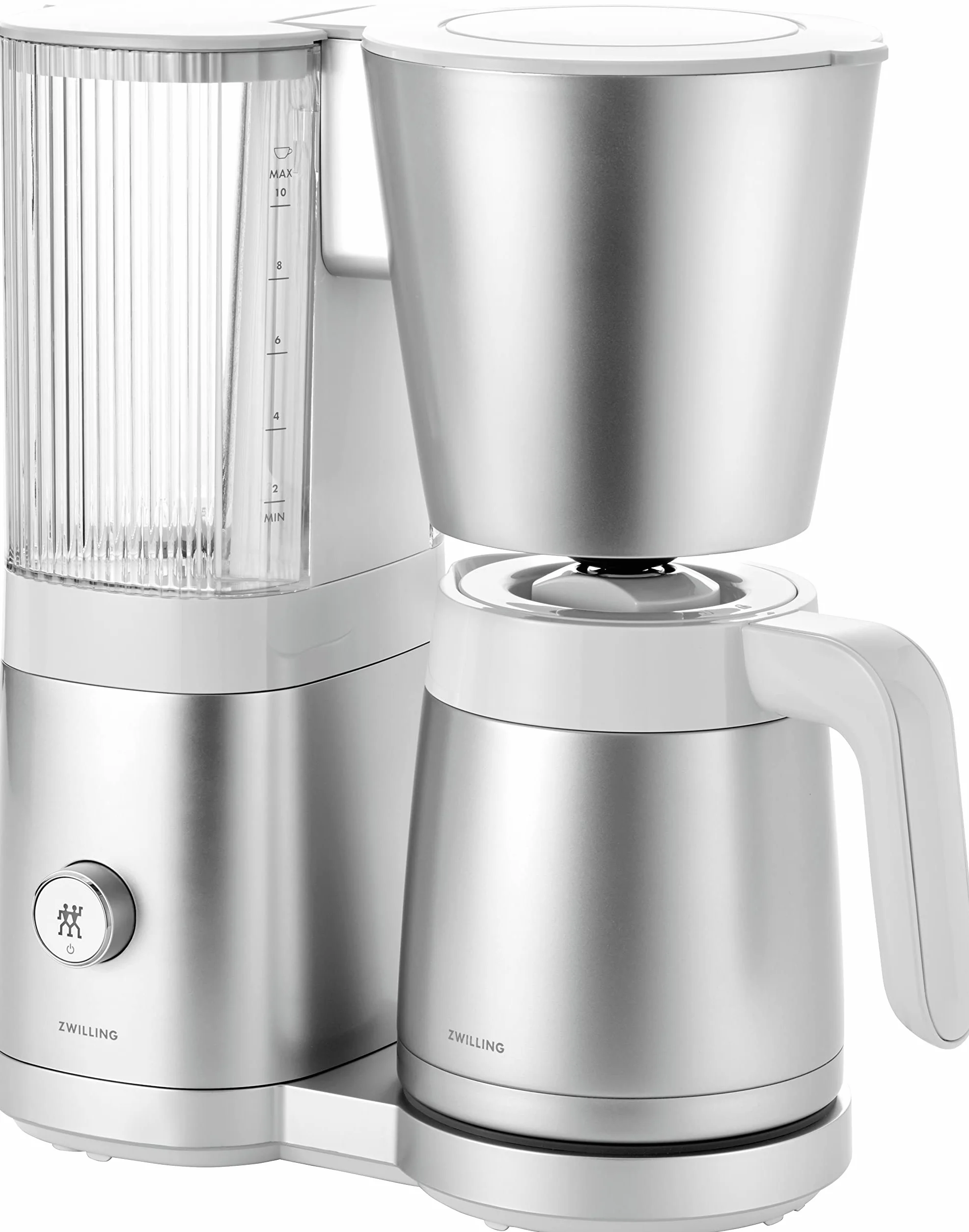ZWILLING ENFINIGY Ekspres do kawy z dozownikiem izolacyjnym 1,25 l, funkcja odkażania i odkamieniania, 10 filiżanek, srebrny