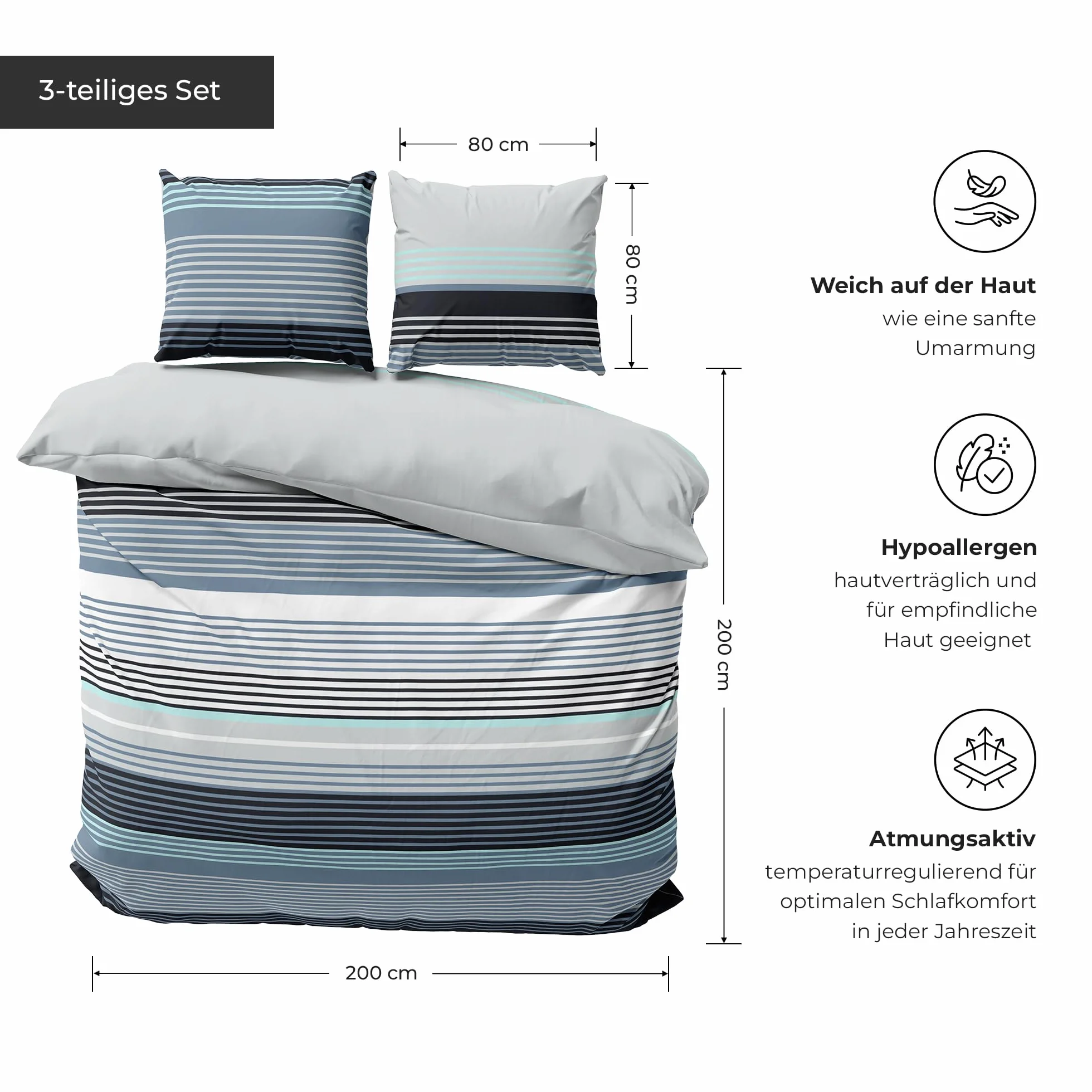 Pościel premium 200 x 200 – 100% bawełna, certyfikat Öko-Tex, Renforcé oddychająca, antyalergiczna, z zamkiem błyskawicznym, 3-częściowa poszwa na kołdrę + 2 x poszewka na poduszkę 80 x 80 cm