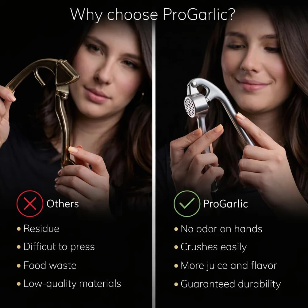 ProGarlic® Praska do czosnku – Łatwa w użyciu i czyszczeniu wyciskarka – Bezwysiłkowe siekanie czosnku i imbiru – Wyciskanie bez konieczności obierania – Wytrzymała i trwała praska do czosnku