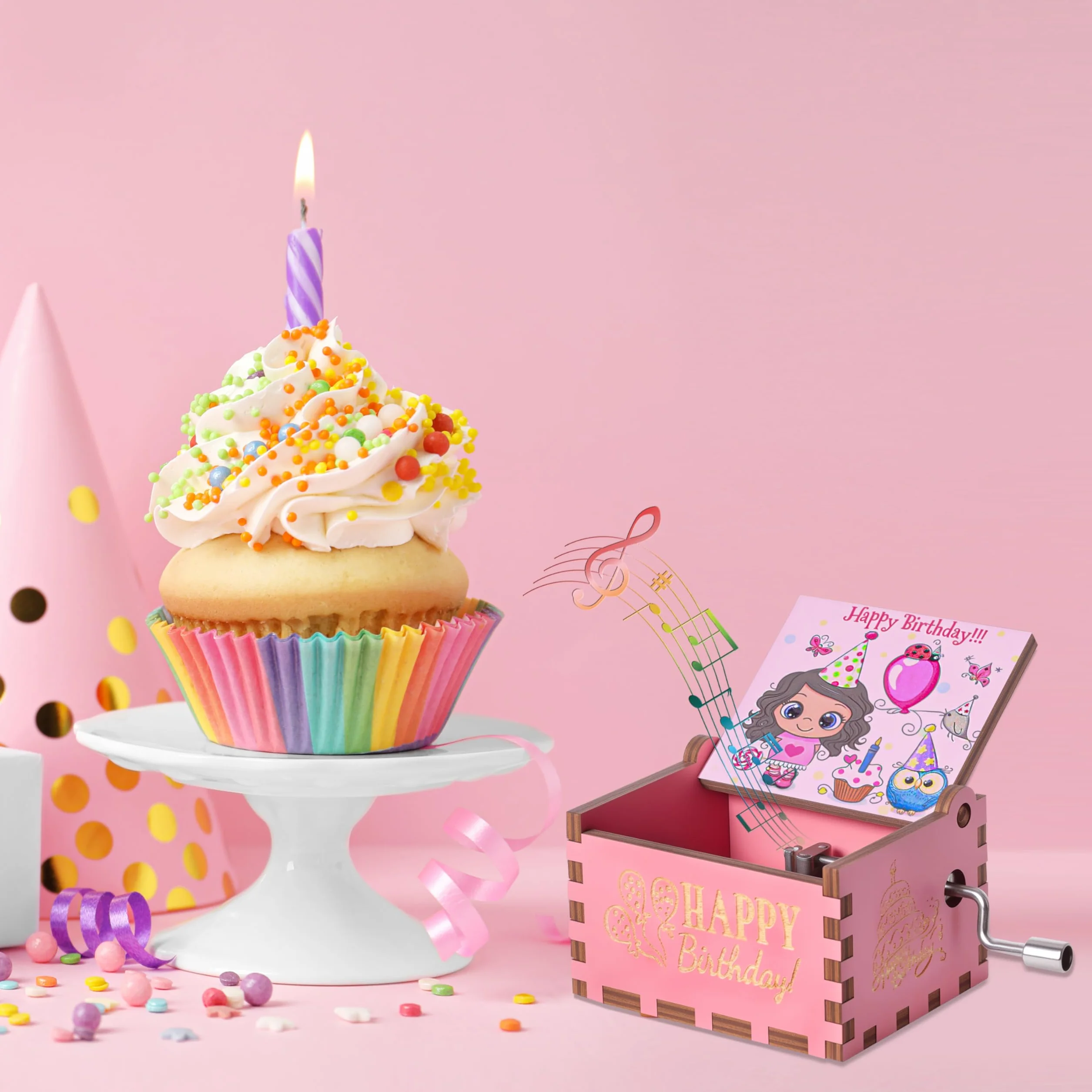 Różowa korba drewniana pozytywka z muzyką Happy Birthday Vintage Muzyczny prezent na urodziny rocznicę Boże Narodzenie dla dzieci przyjaciele