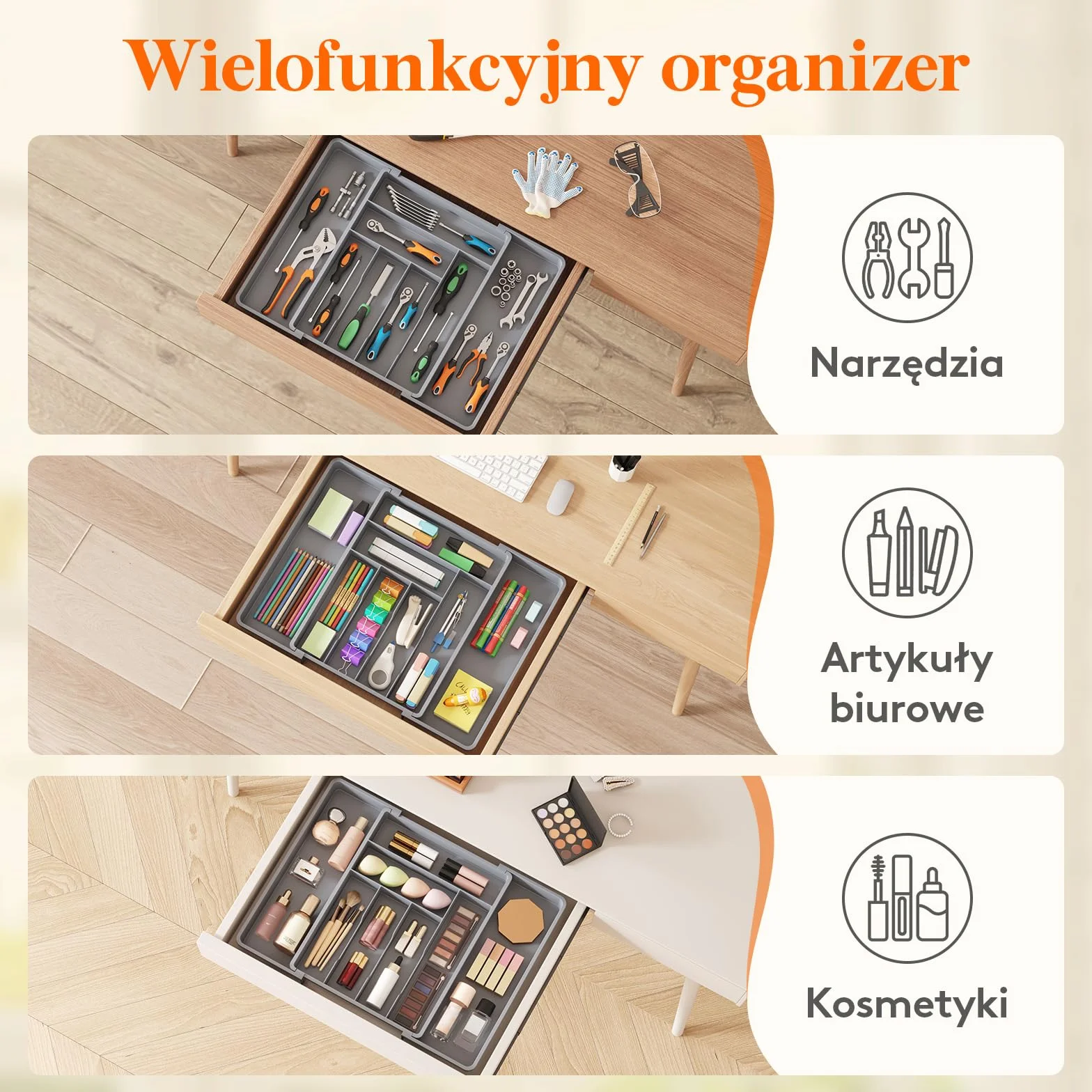 Lifewit Pojemnik na sztućce do szuflady, regulowany wkład, szerokość od 33 do 57 cm, głębokość 42,4 cm, uchwyt z tworzywa sztucznego