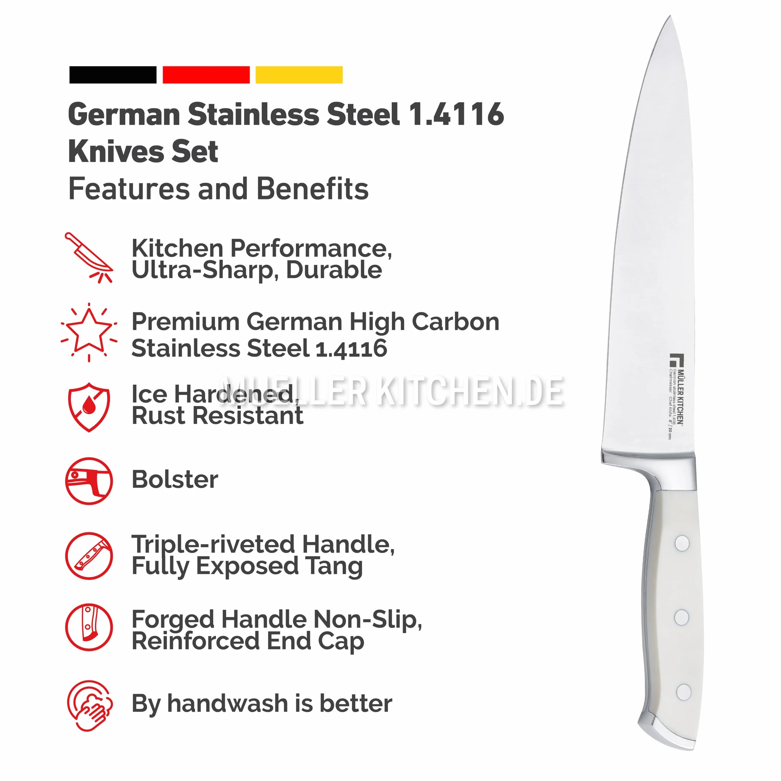 Muller Kitchen Zestaw noży (niemiecki INOX, antypoślizgowy kuty uchwyt, drewniany blok, ultra ostry i trwały) (15 sztuk - biały)