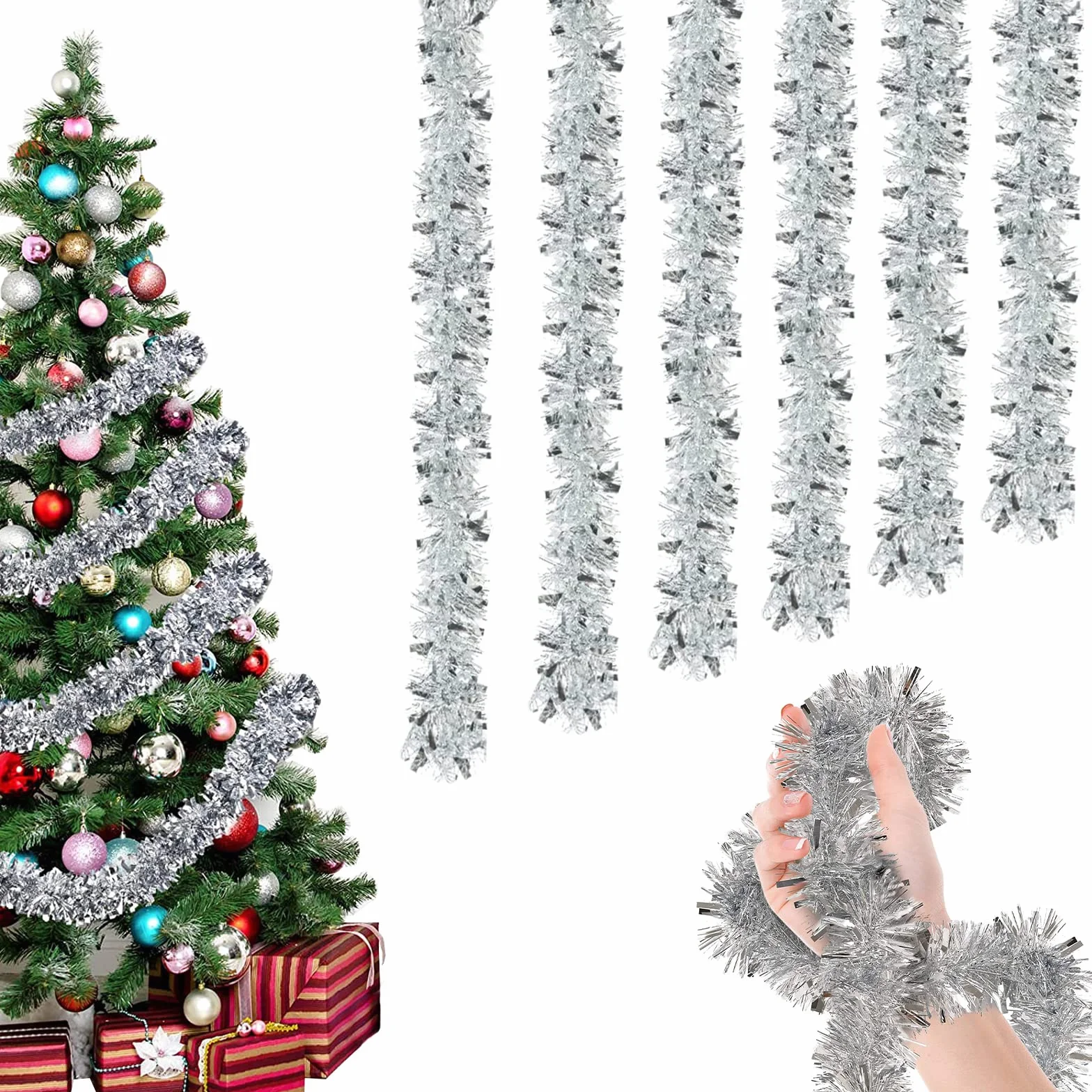 Girlanda z lametami bożonarodzeniowymi, 6 x 2 m, błyszcząca, srebrna, dekoracja choinkowa, świąteczna