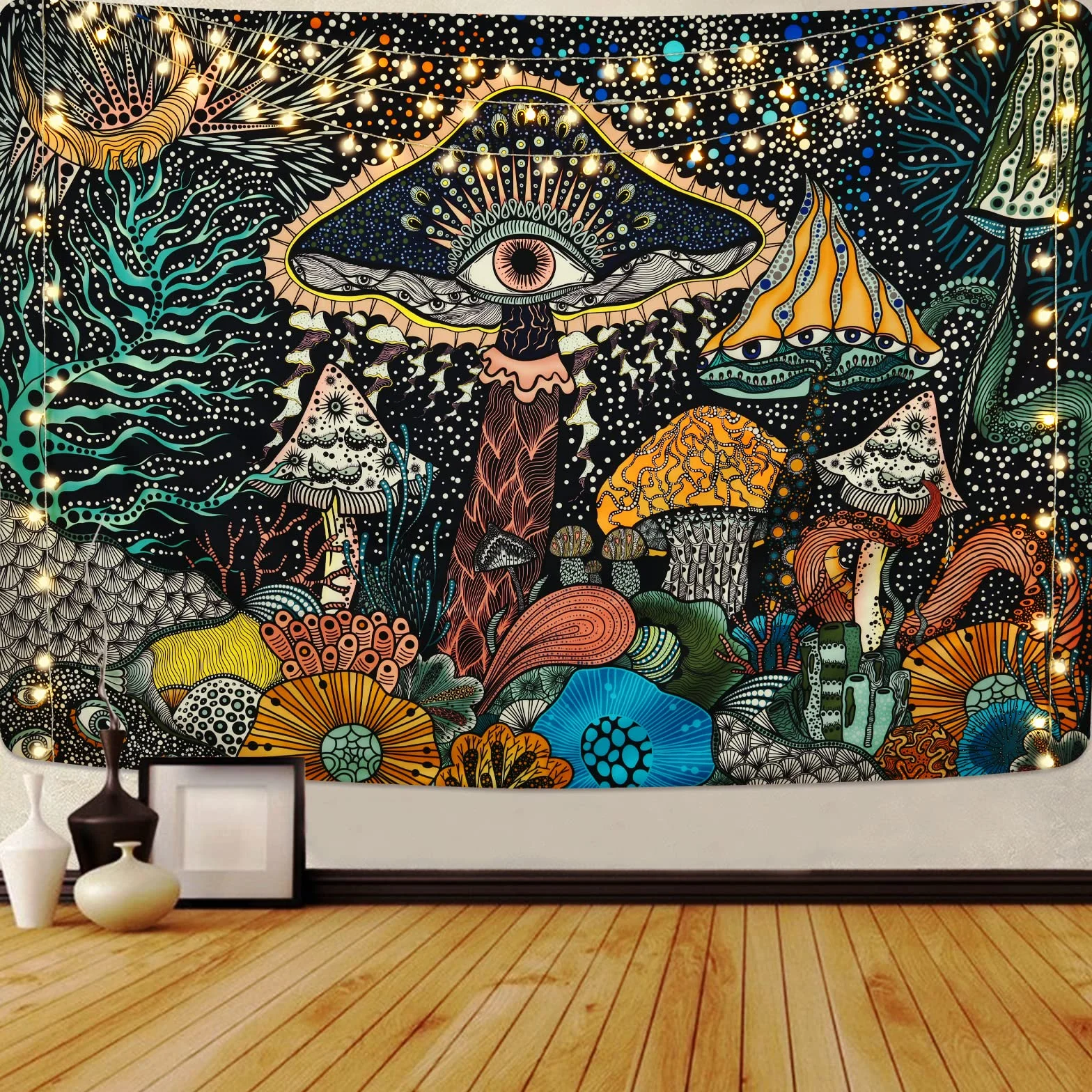 Yrendenge Grzyb, gobelin, oczy, wiszące, morskie stworzenia, gobelin, estetyczne gobeliny artystyczne, abstrakcyjne ocean, tajemnica, dekoracyjne wiszące na ścianę do sypialni, 150 x 130 cm
