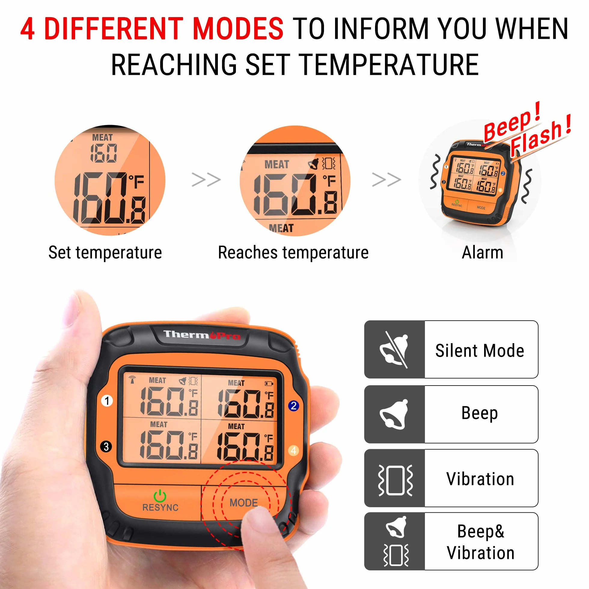 ThermoPro TP27C radiowy termometr do grilla z 4 sondami, 150 m, termometr do mięsa i smażenia, wodoszczelny IPX4, duży kuchenny z wyświetlaczem LCD do BBQ i grilla gazowego