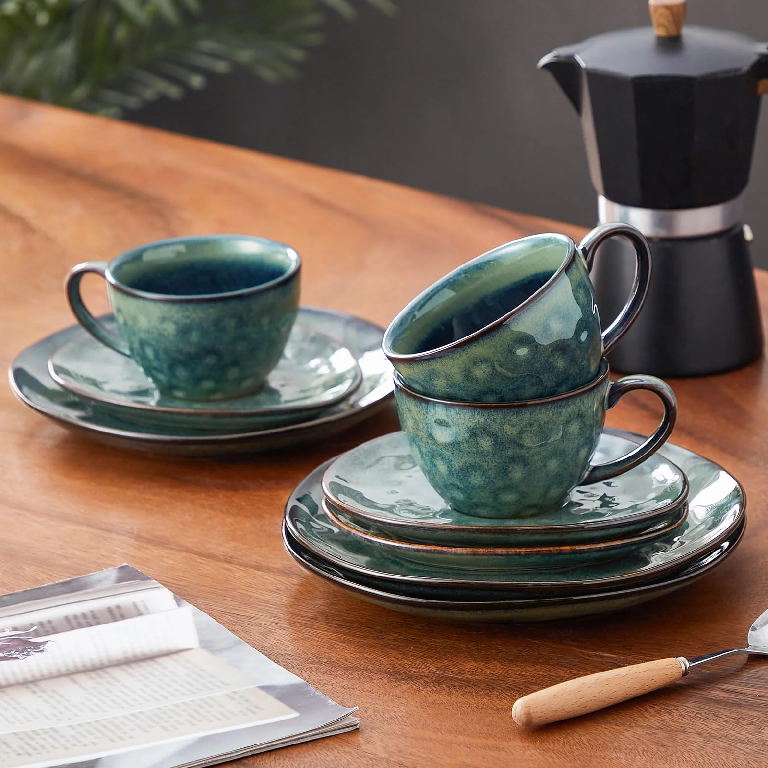 vancasso Gwiaździsty zestaw filiżanek i spodków z talerzami deserowymi 21,5 cm, ceramiczny zestaw do popołudniowej herbaty dla 4 osób, filiżanka do kawy 270 ml do espresso, cappuccino i wszelkiego