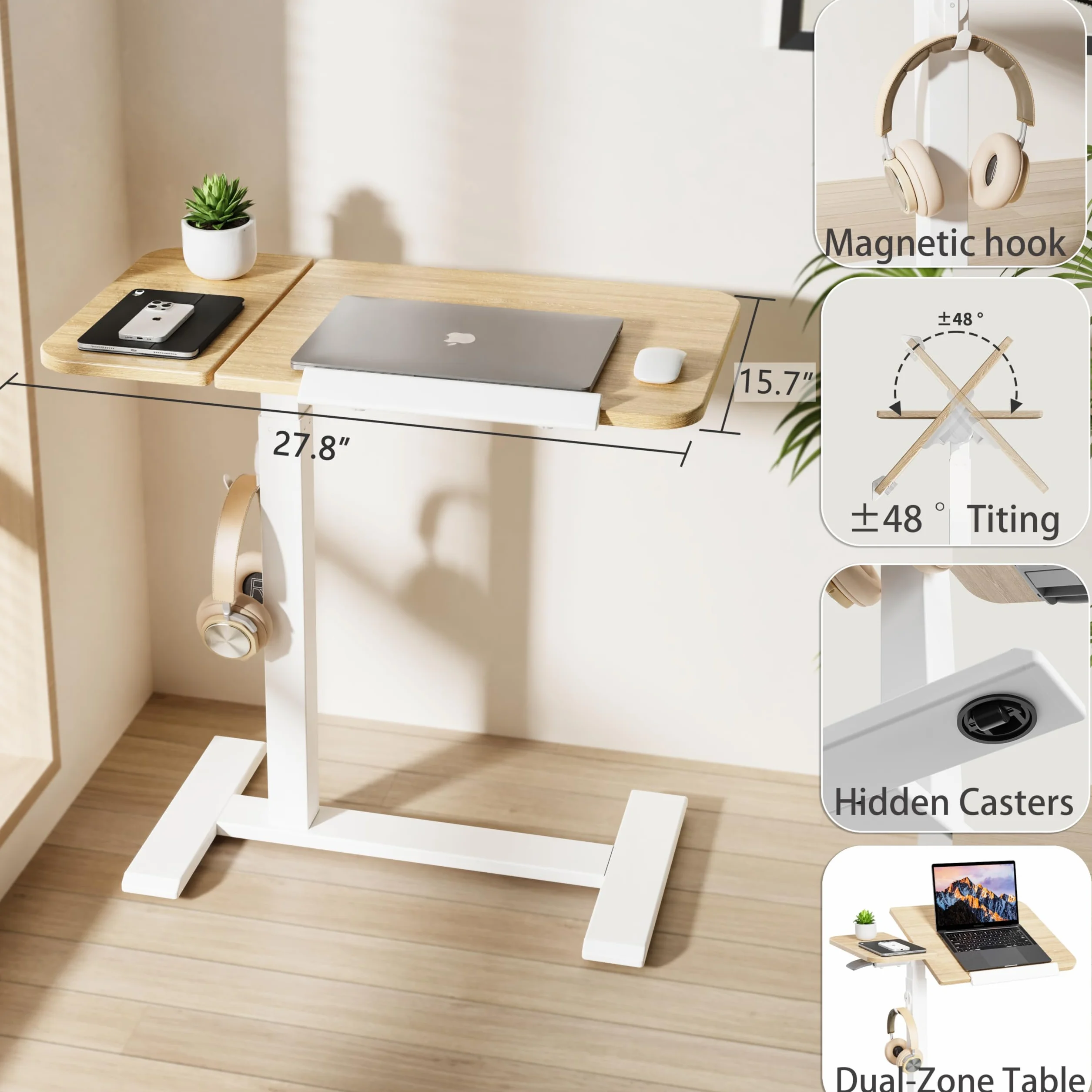 ETHU Stolik pod laptopa z regulacją wysokości, wielofunkcyjny stolik pomocniczy z uchylnym blatem roboczym i wpuszczanymi kółkami, mobilny stolik do łóżka, ergonomiczny stolik stojący do biura i domu