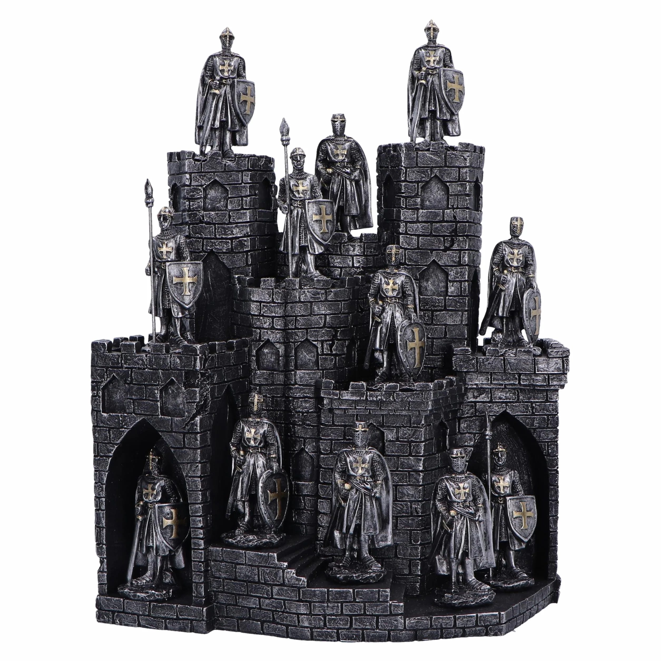 Nemesis Now Rycerze Wieży z zestawem figurek 48 rycerzy 25 cm, żywica, srebrny, średniowieczny zamek z zestawem figurek 48 rycerzy, towar rycerski, odlewany w najlepszej żywicy, ręcznie malowany