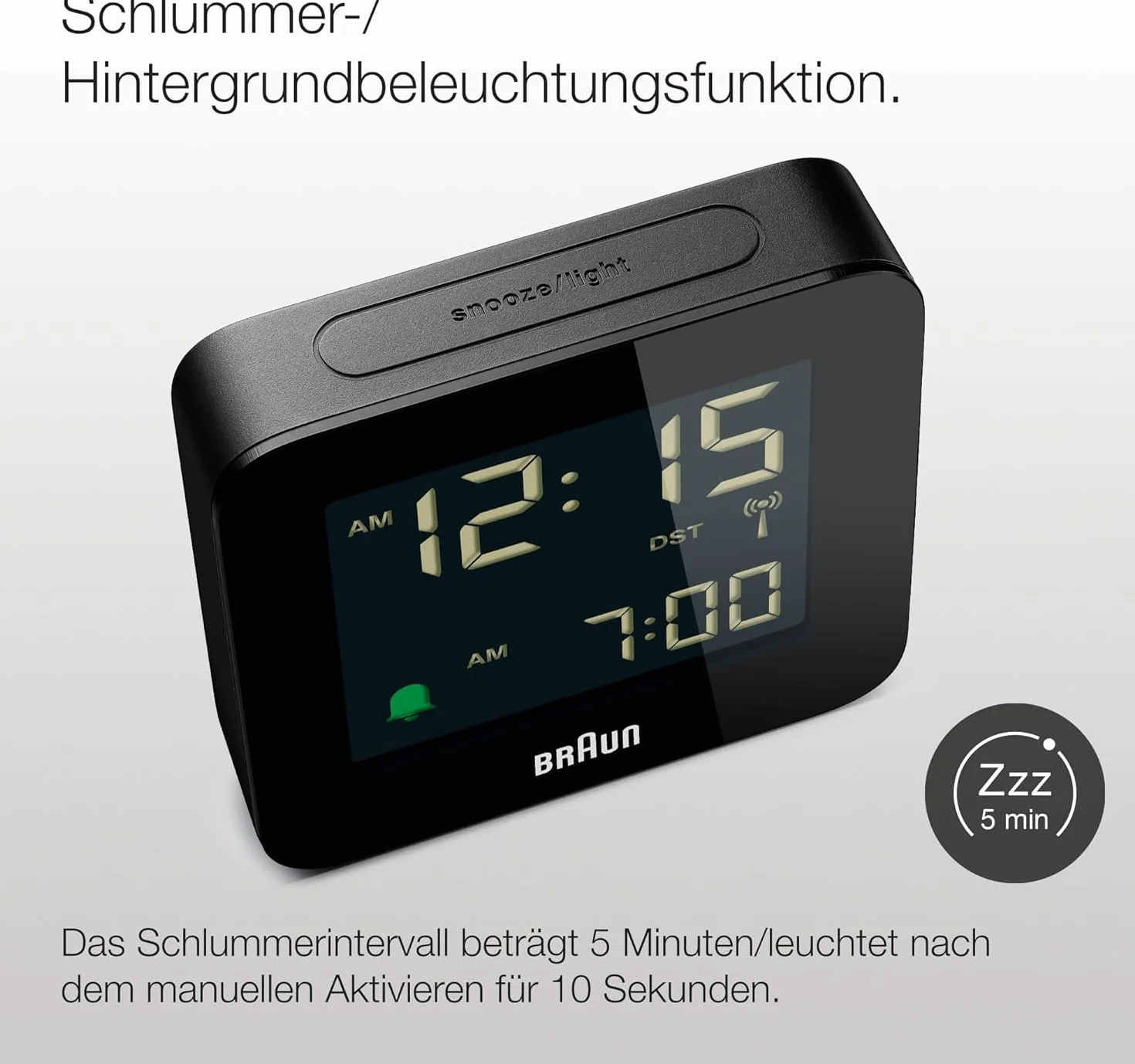 Braun Cyfrowy budzik, funkcja drzemki, ujemny wyświetlacz LCD, funkcja szybkiego ustawiania, alarm Crescendo, czarny, model BC09-DCF