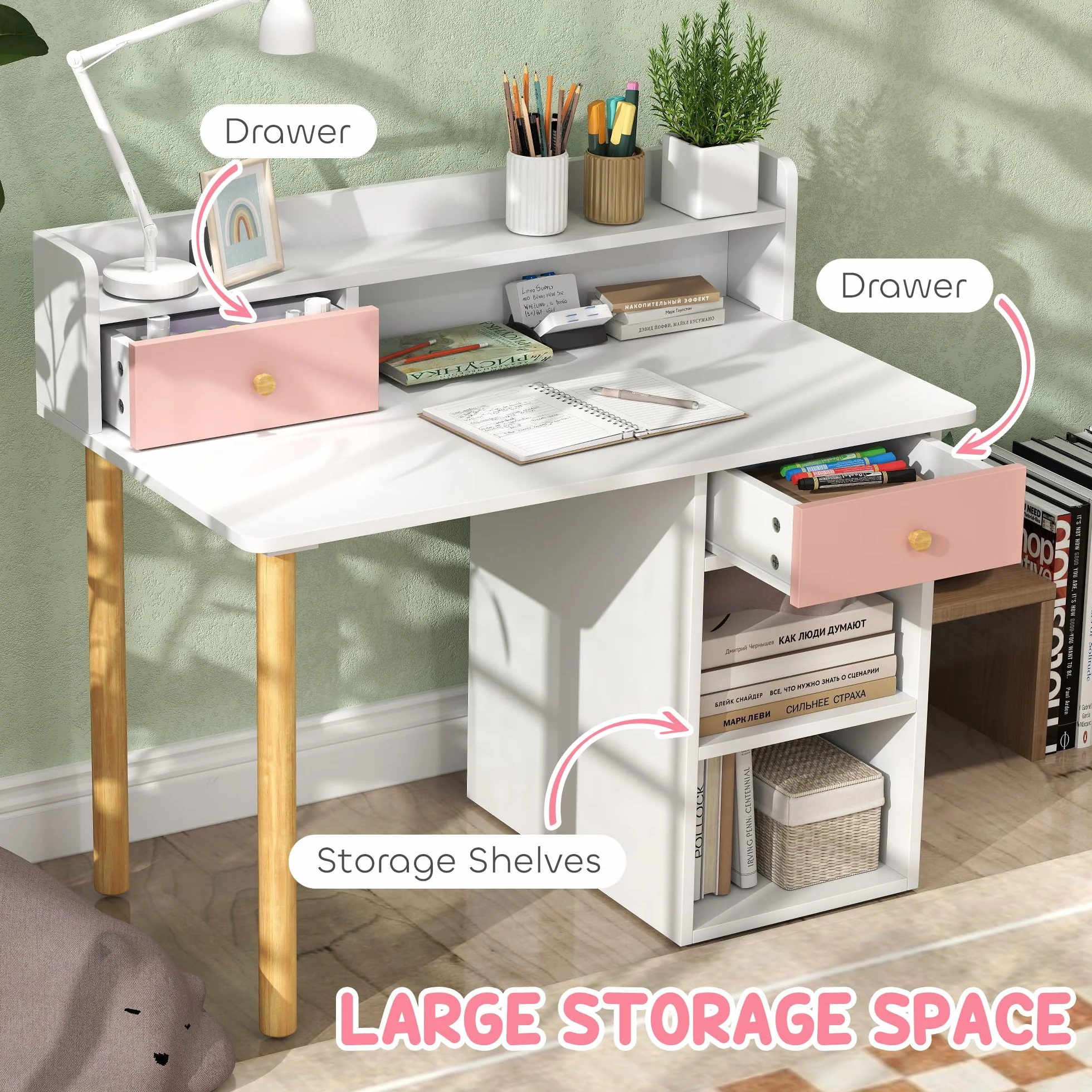 AIYAPLAY Kids Desk and Chair Set, Children Study Table with Hutch, Storage, Drawer, Shelves, for Studying, Reading, Drawing, for Ages 3-8 Years, Pink