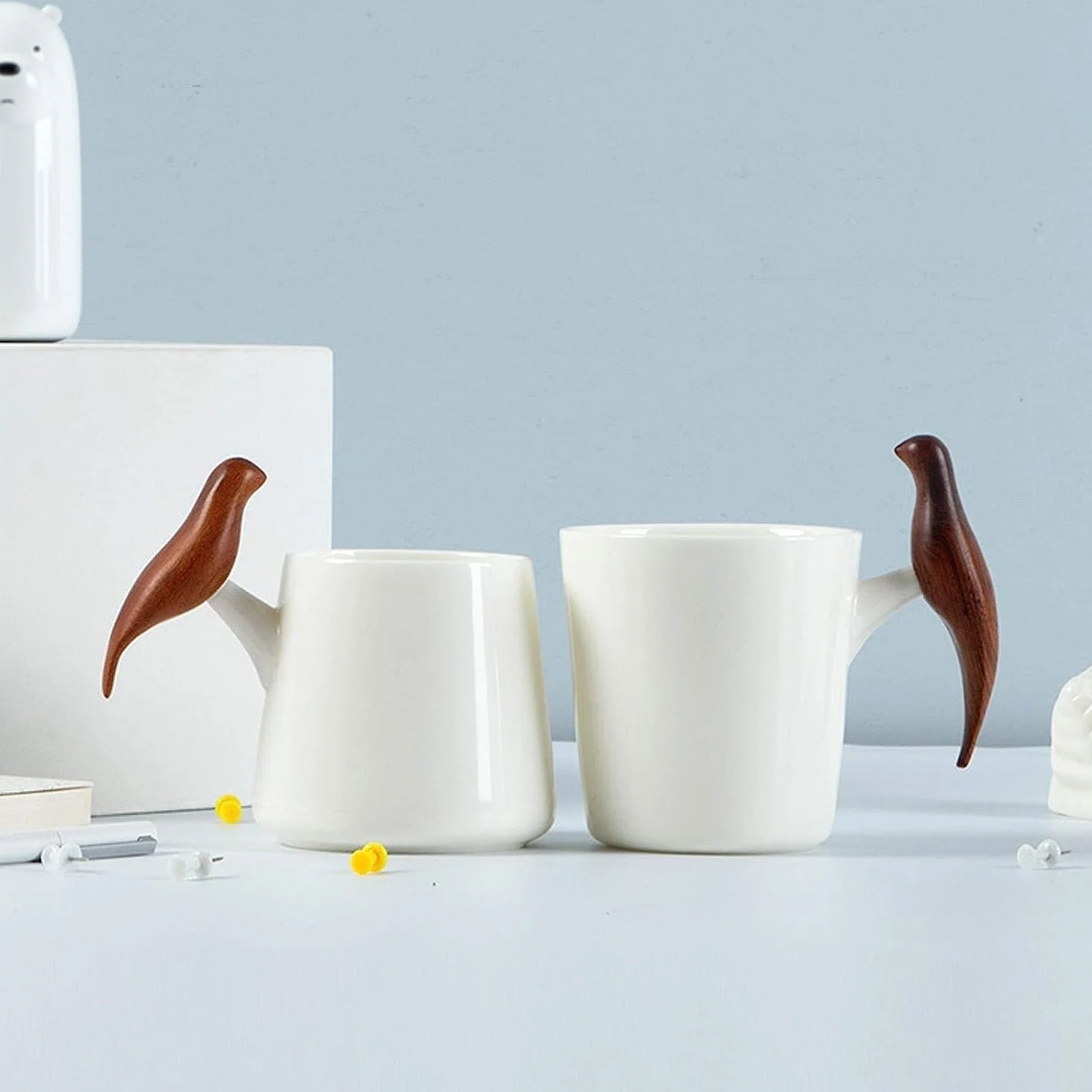 Kubek Filiżanka kawy Filiżanka herbaty, kubek kawy Kubki ceramiczne Nowość Biały ceramiczny kubek do kawy z drewnianym uchwytem w kształcie ptaka Ceramiczny kubek do herbaty Para szklanek Kubki do kaw