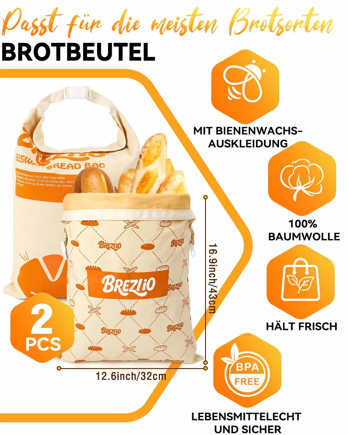 Wosk pszczeli, 2 sztuki – worki bawełniane wielokrotnego użytku, 32 × 43 cm, bardzo duże, do utrzymania świeżości chleba i wypieków (beżowy + pomarańczowy)