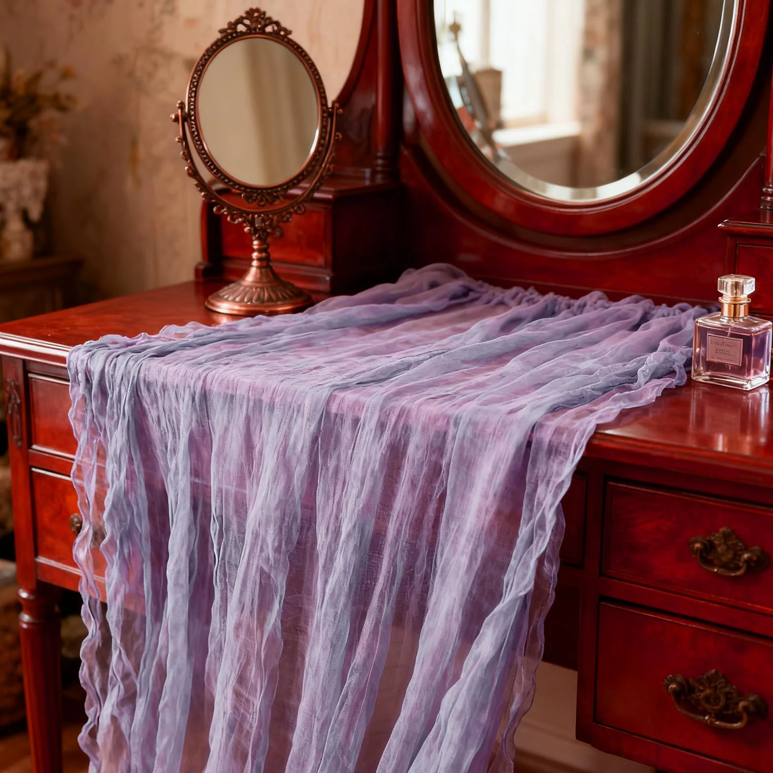 Bieżnik na stół, muślinowy, 90 x 300 cm, cienki materiał dekoracyjny, bieżnik w stylu boho, na wesele, wesele, dekoracja stołu, nadaje się do prania (jasnofioletowy)