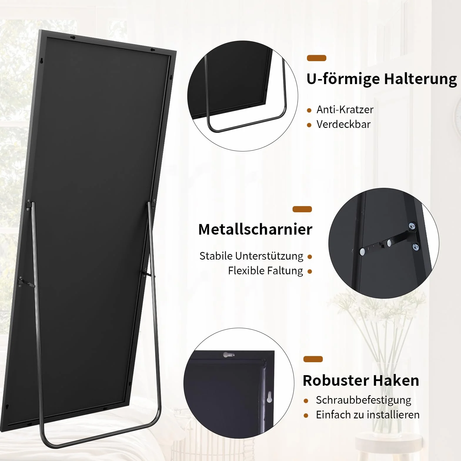 Koonmi Minimalistyczne lustro stojące w ramie 150 × 40 cm, solidne lustro na całe ciało, wolnostojące, lekkie lustro na całej długości, do zawieszenia na ścianie poziomo lub pionowo, czarne